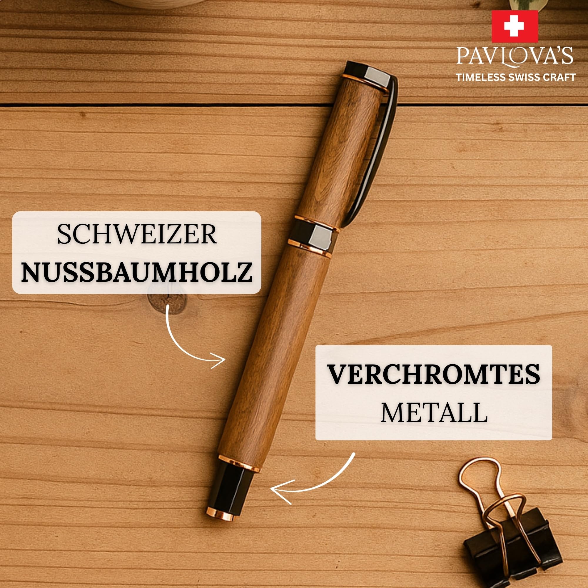 PAVLOVA’S Exklusiver Tintenroller aus Natürlichem Schweizer Nussbaum – Handgefertigt, Limitierte Auflage, Einzigartiges Design, Ideales Luxusgeschenk, Premiumqualität aus der Schweiz