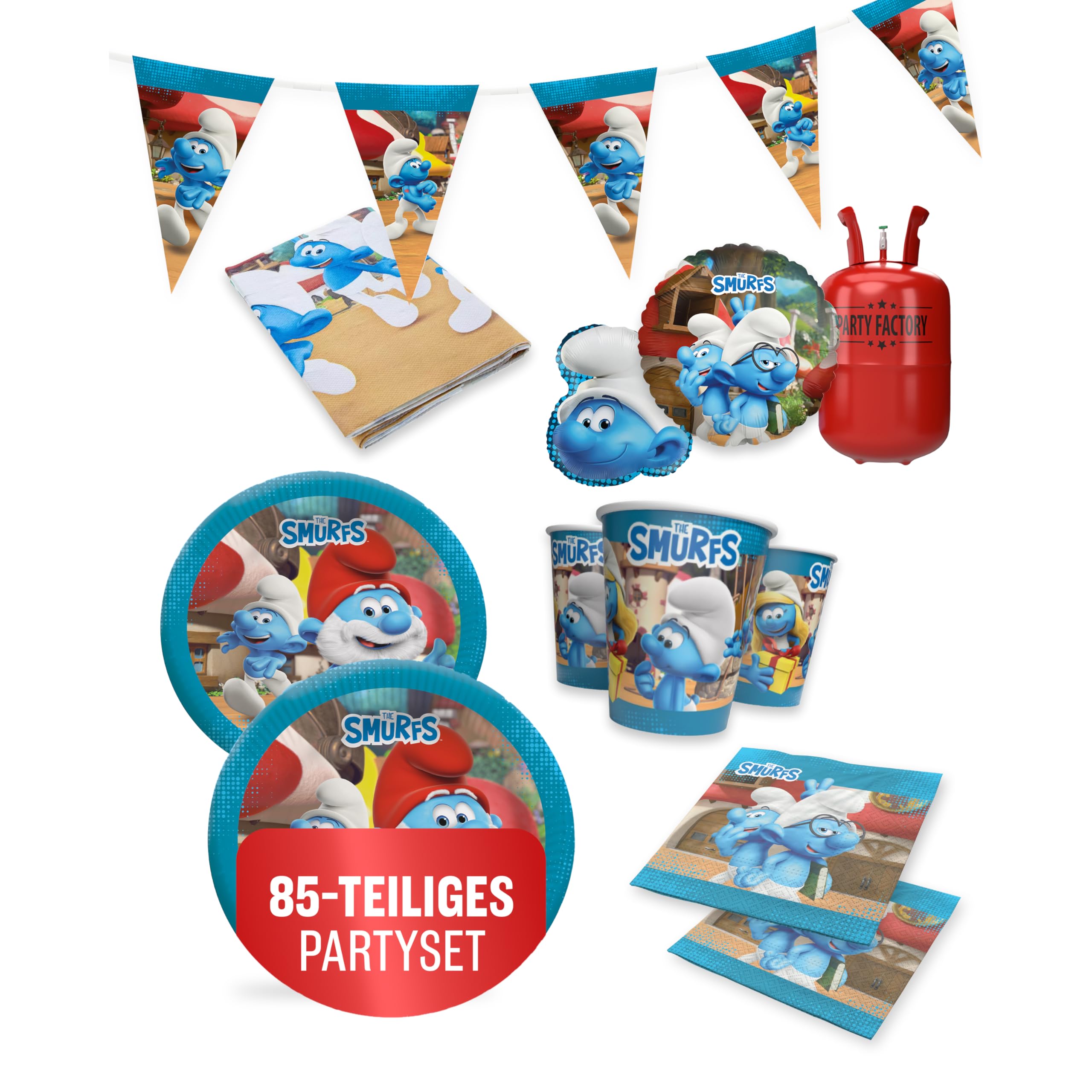 Die Schlümpfe – Schlumpfige Geburtstagsdeko Komplettset für Kinder - 85 tlg. Tischdeko Pappgeschirr mit Wimpelkette für Kindergeburtstag & Mottopartys - Party Deko Bundle mit Tellern, Servietten etc.