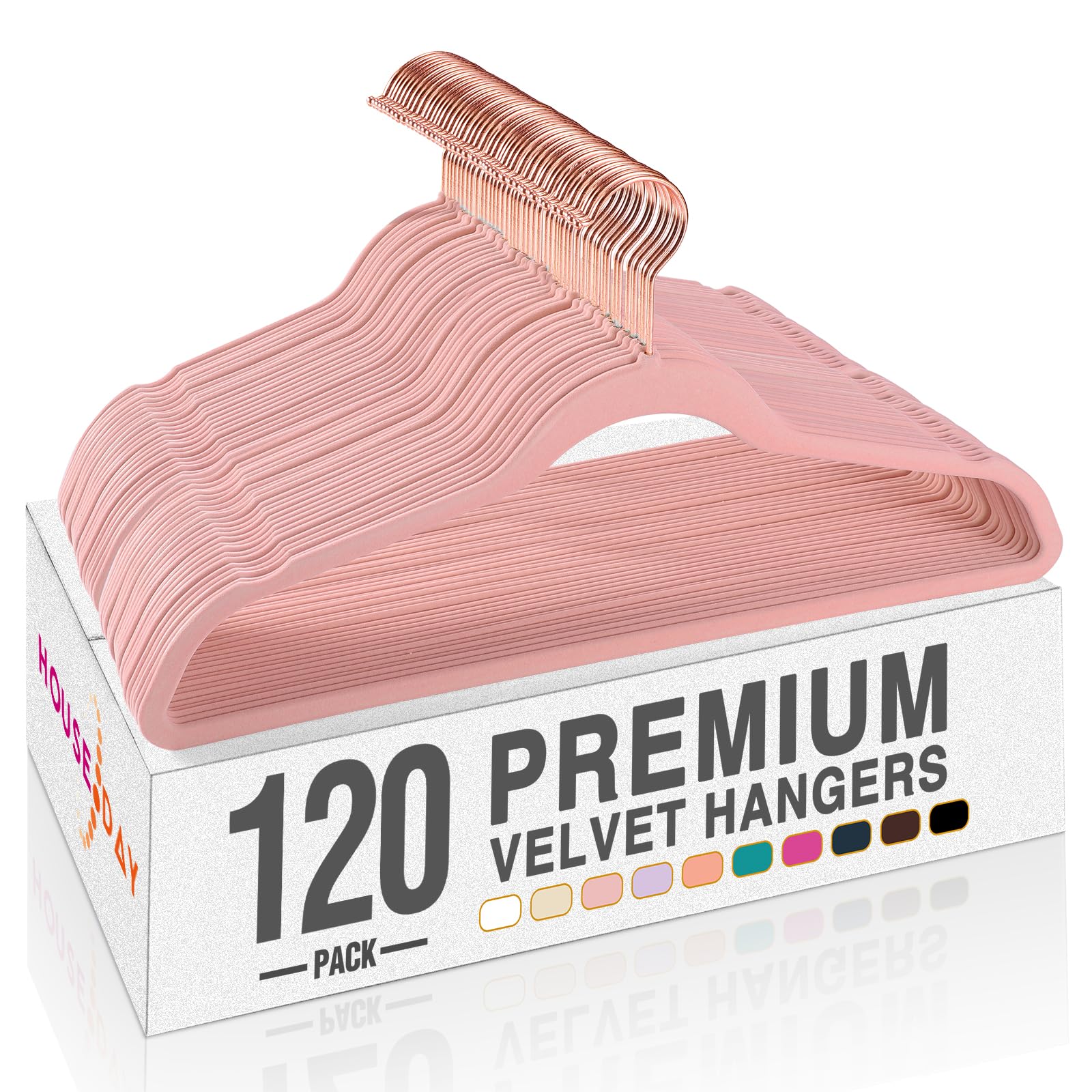 HOUSE DAY Pink Velvet Hangers 120 Pack, Premium Clothes Hangers Non-Slip Felt Hangers, Sturdy Black Hangers Heavy Duty Coat Hangers, Durable Suit Hangers, Space Saving No Hanger Mark Rotating Hook
