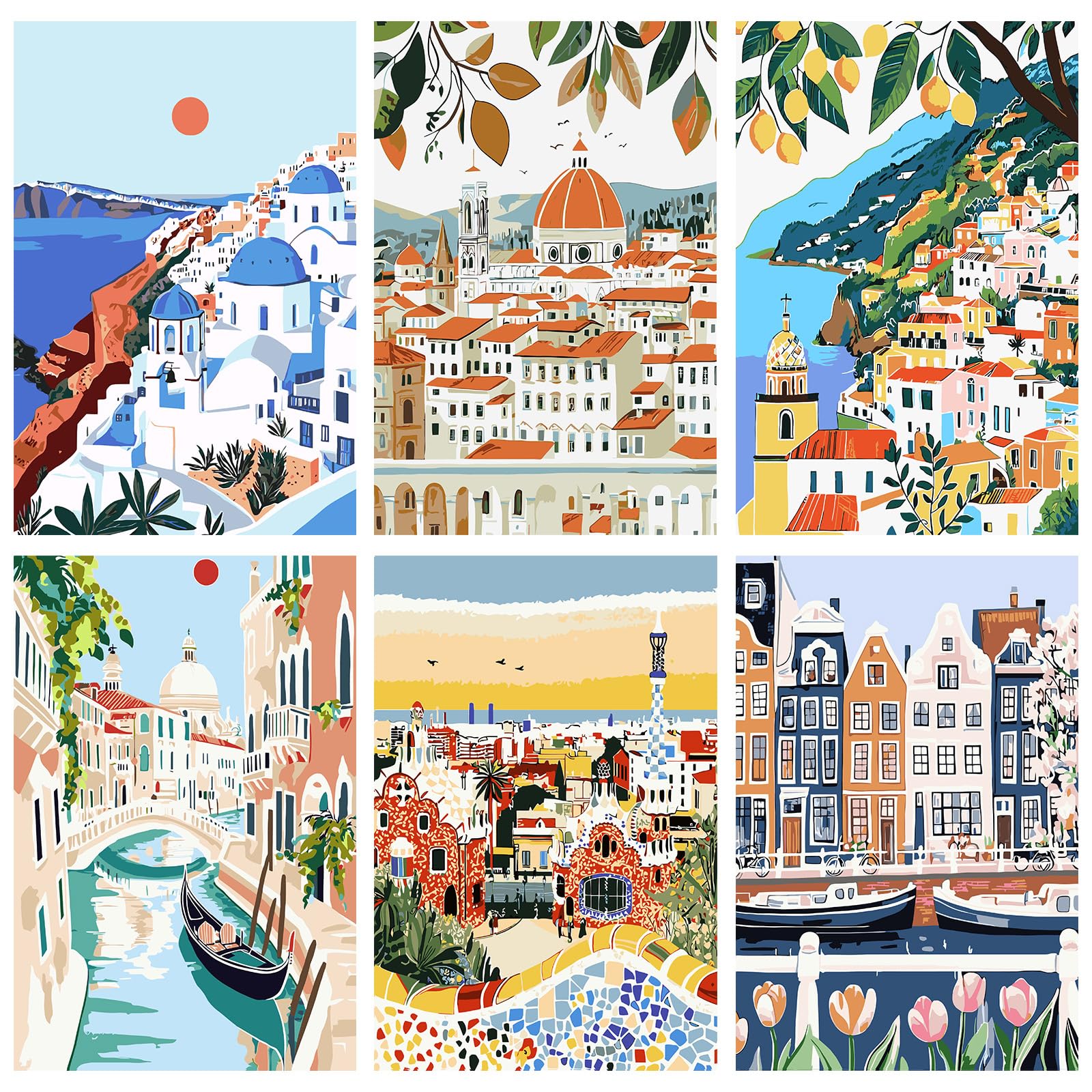 MAXBYE 6 Packs Paint by Numbers Kit for Adults, Cityscape Painting by Number Without Frame for Beginners, Easy Oil Painting Kits on Canvas Acrylic Pigment Home Wall Decor Holiday Gifts 20x30 cm