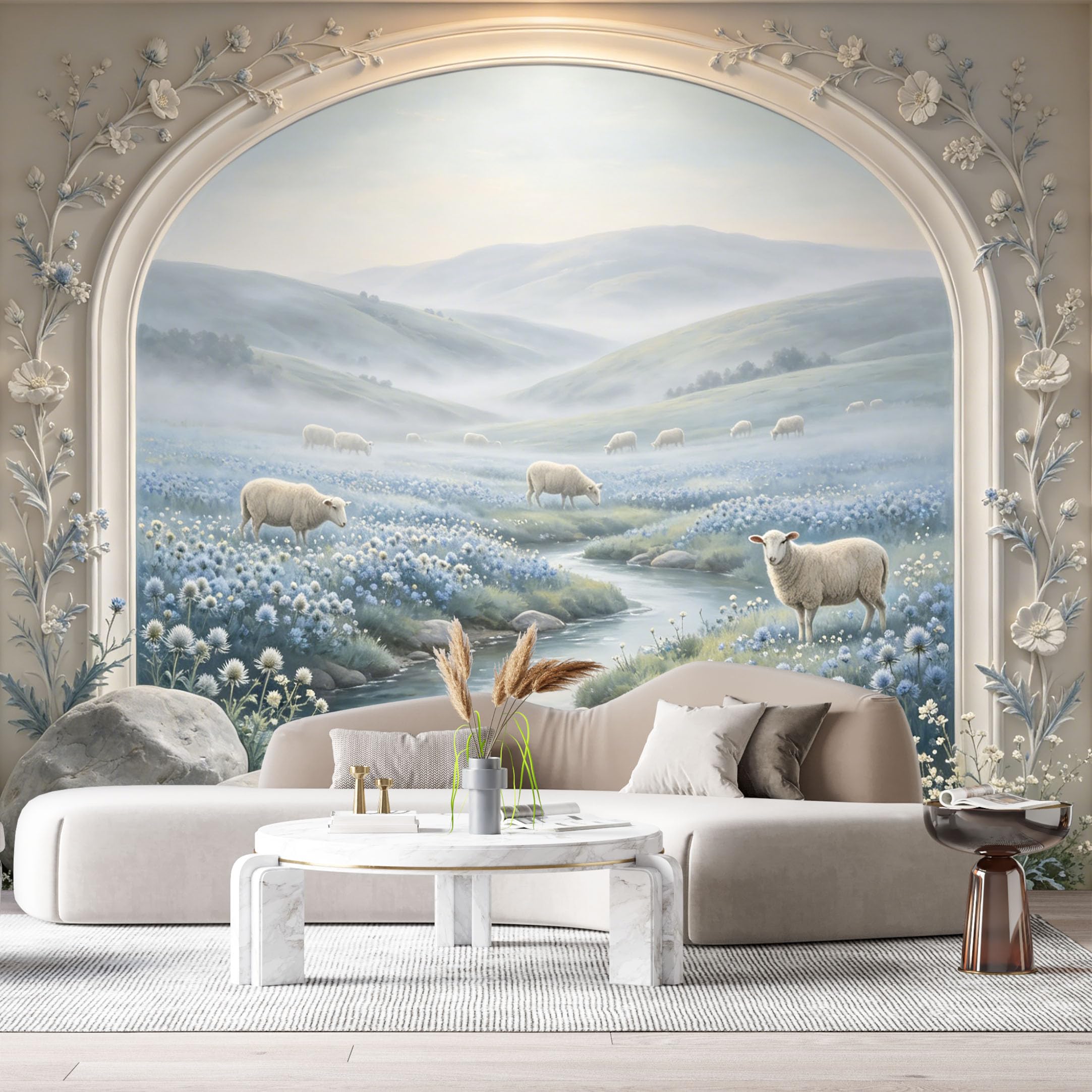Custom Size Wall Murals Pastoral Sheep Stream Landscape 3D Trompe L'Oeil SelfAdhesiveWall Fabric Removable Wallpaper Wall Decor for Living Room Bedroom Bathroom