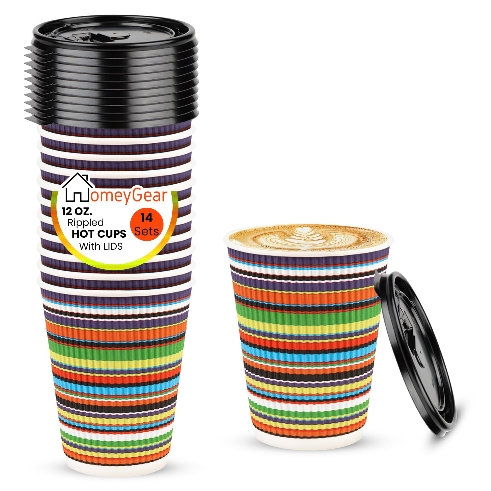 HomeyGear Paper Hot Cups with Lids - Premium Insulated Ripple Wall Hot Coffee Tea Chocolate Drinks Perfect Travel To Go Disposable Colorful Paper Cup