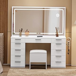 DWVO Makeup Vanity with Large Mirror and Lights, 46" Vanity Desk Dressing Table Set with 11 Drawers & Storage Stool, Dressing Table with Power Outlet and Magnifying Glass, Dressing Room, White