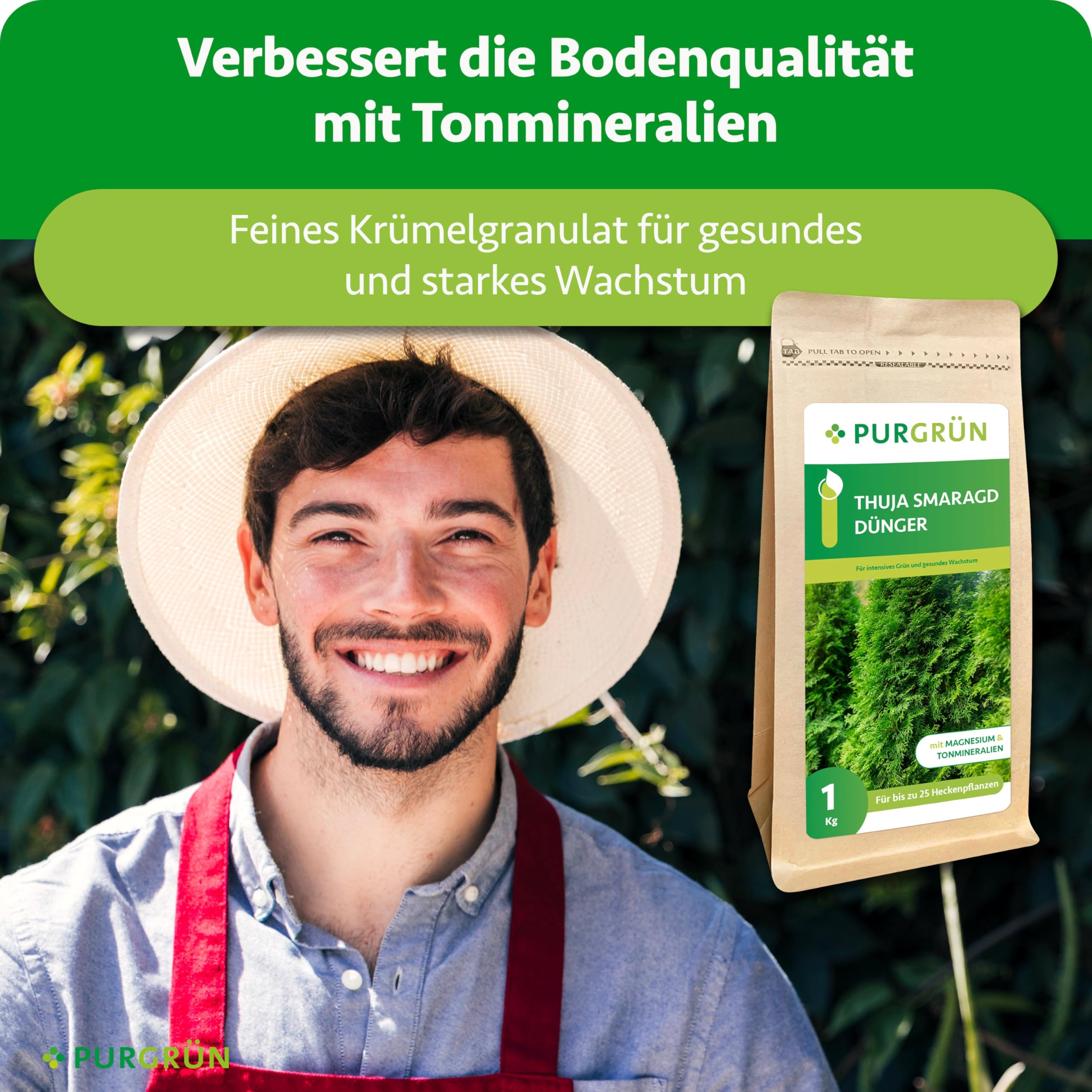 Thuja-Smaragd-Dünger 1 kg – Extra Magnesium schützt vor Nadelverfärbungen – Fördert ein dichtes Wachstum – Tonmineralien für einen gesunden Boden – Heckendünger für ca. 30 Pflanzen