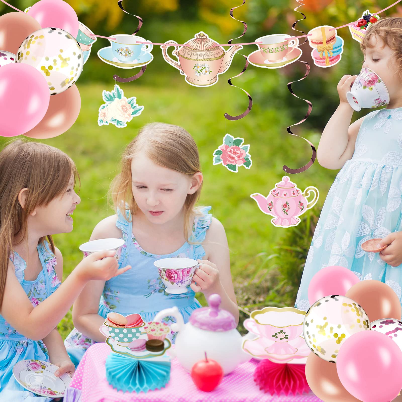 Tea Party Birthday Decorations Kit - 33 Pcs With Banner, Honeycomb Centerpieces & Balloons - Floral Theme - View #8