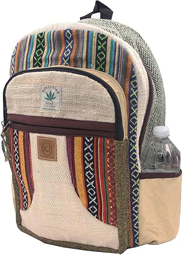 Mochila Nepal de cáñamo grande hecha a mano natural con múltiples bolsillos