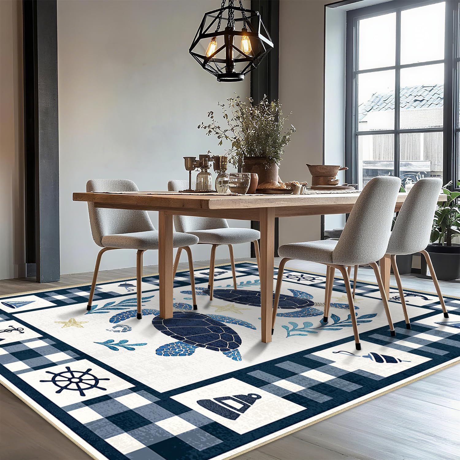Coastal 5x7 Area Rug Nautical Sea Turtle Rugs Machine Washable Non-Slip Low-Pile Ocean Floor Carpet Beach Mat for Living Room Bedroom Dining Room Office