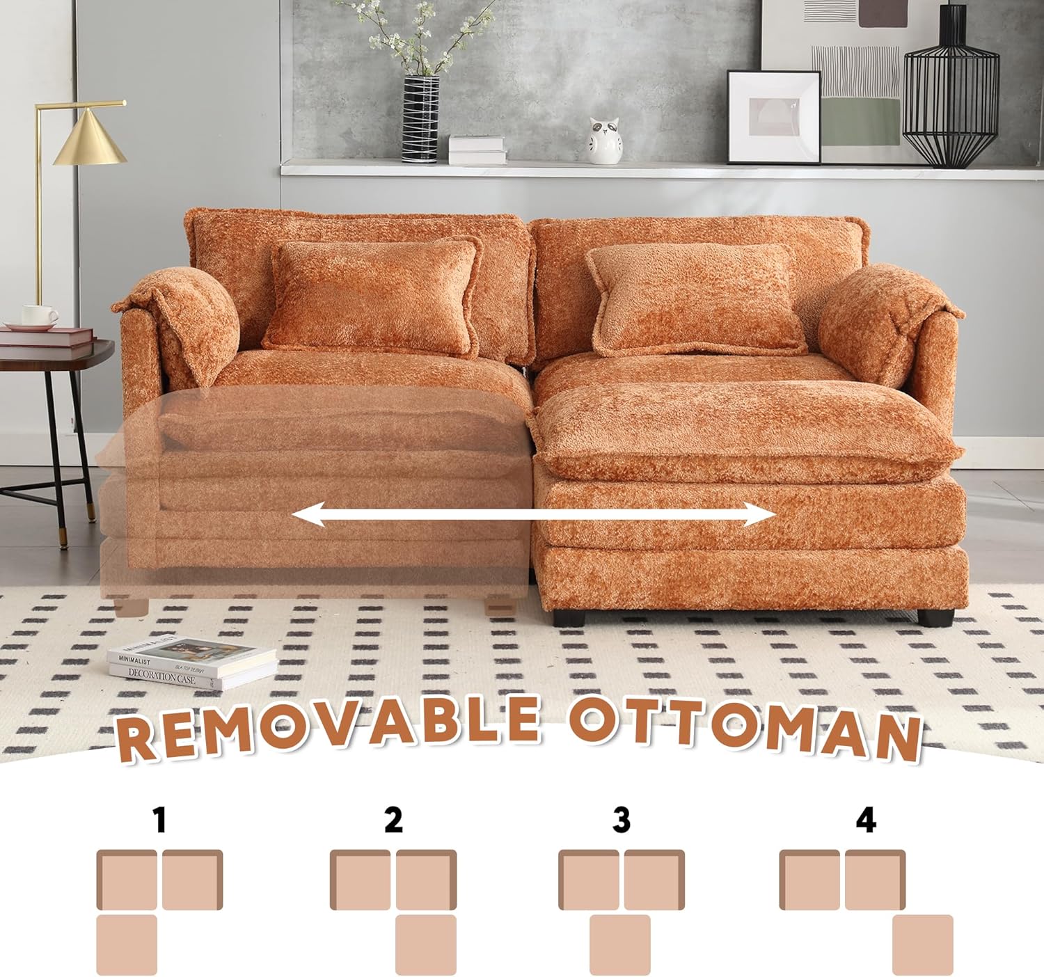 ZEIINPA L Shaped Sectional Sofa Cloud Couch for Living Room, 77" Chenille Comfy Boucle Modular loveseat Sofa, Modern Upholstery Sofas with Ottoman, Orange
