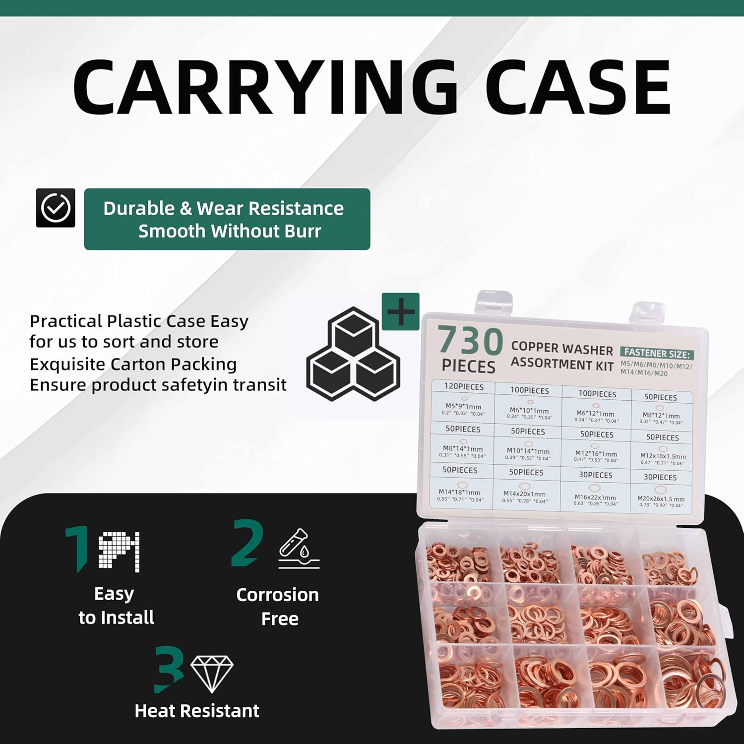 銅ワッシャー730個、12サイズ銅メトリックシーリングワッシャー、フラットワッシャー詰め合わせキット(M5 M6 M8 M10 M1
