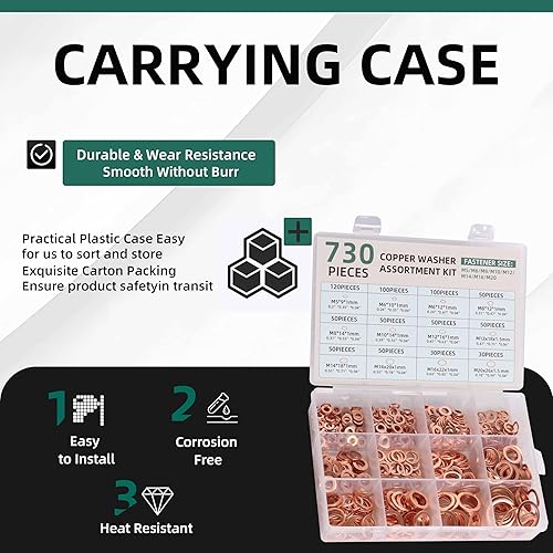 Miniatura 4 de 730 arandelas de cobre, 12 tamaños de arandelas métricas de cobre, kit surtido de arandelas planas (M5 M6 M8 M10 M12 M14 M16 M20)