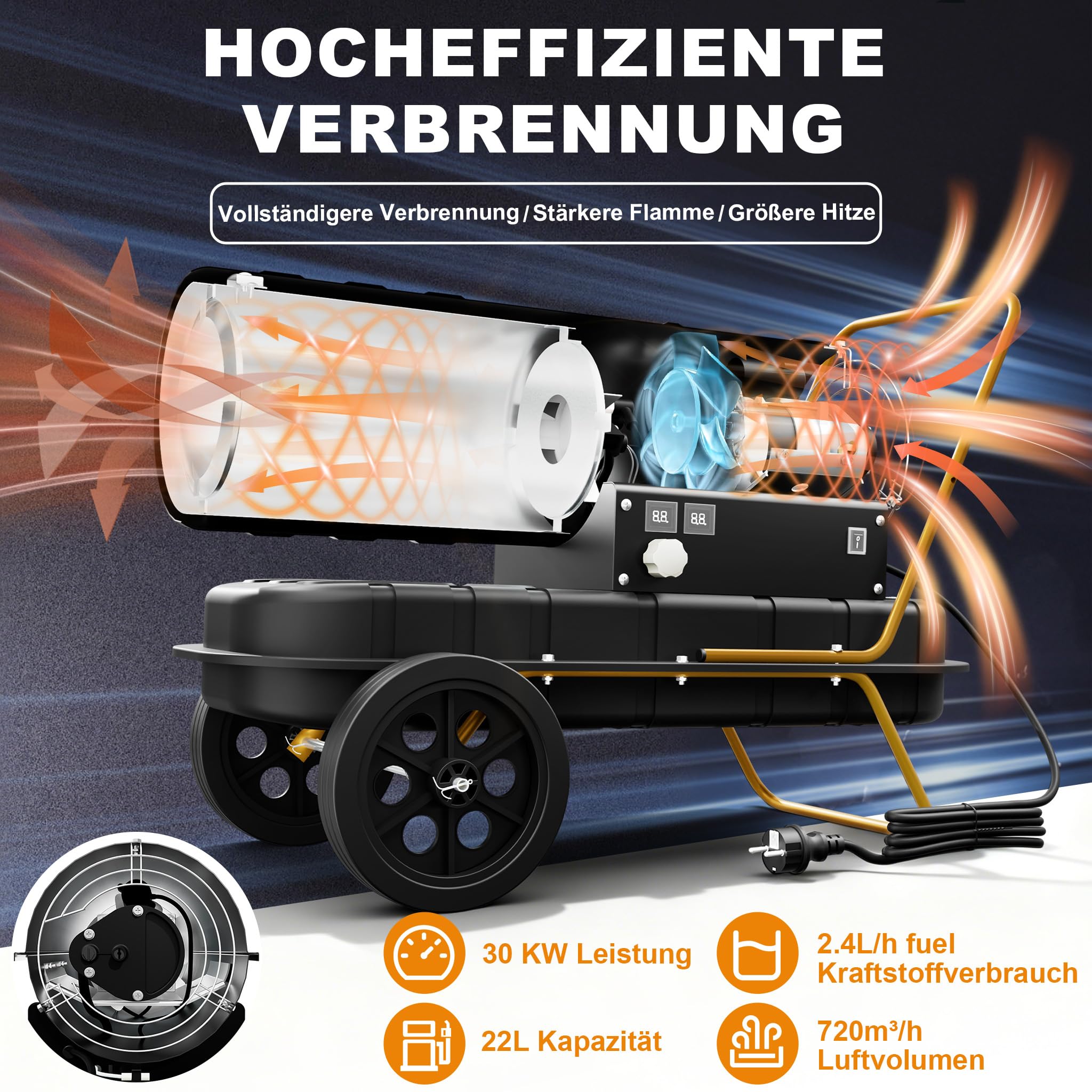 Aufun Cañón de calefacción de 30 kW, diésel, secador de construcción, generador de aire caliente, ventilador con termostato e indicador de combustible, depósito de 22 L, para talleres, obras