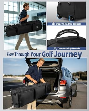Marscamd Golf Travel Bag with Wheels for Airlines, 1680D Heavy-Duty Case | Dual-Layer Club Protection,Shoulder Strap, 4 Compartment with Wet-Dry Pockets for Golf Gear, Shoes & Personal Items (Black)