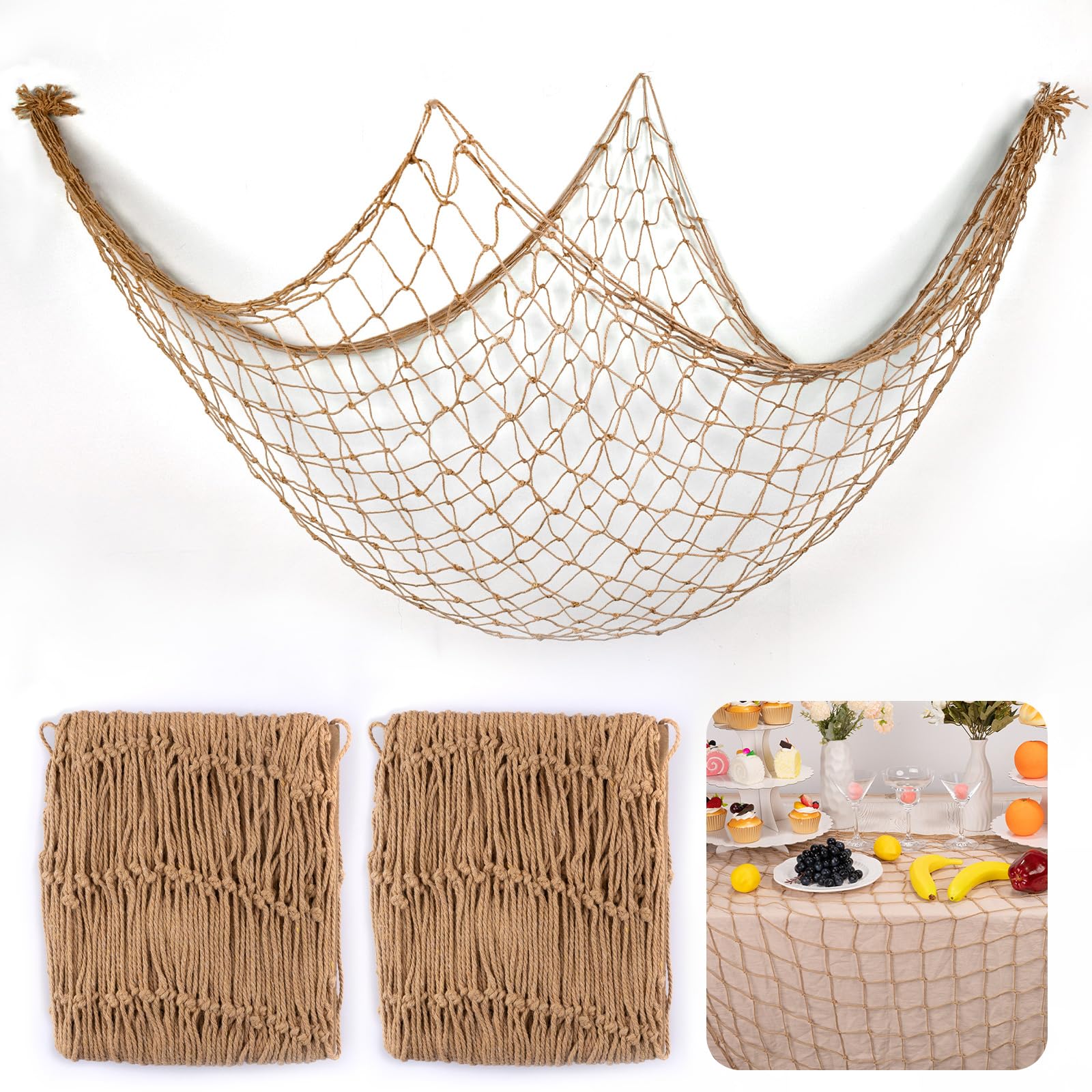 2 Pack Fish Net Decorations, 100x200CM Cotton Nautical Themed Fishing Net, Wall Hanging Photo Display Fishnet for Coastal Bedroom Bathroom, Pirate Hawaiian Beach Under The Sea Party Decor,Linen Color