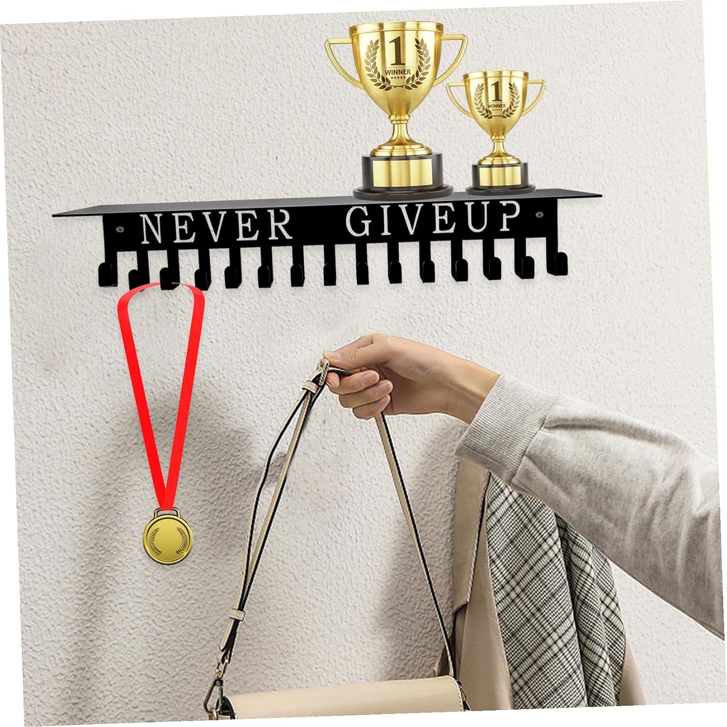 Wall-mounted Medal Holder Rack 40x10x6.6cm Black Medal Hanging Display Hanger for Home Gymnastics and Sports Awards