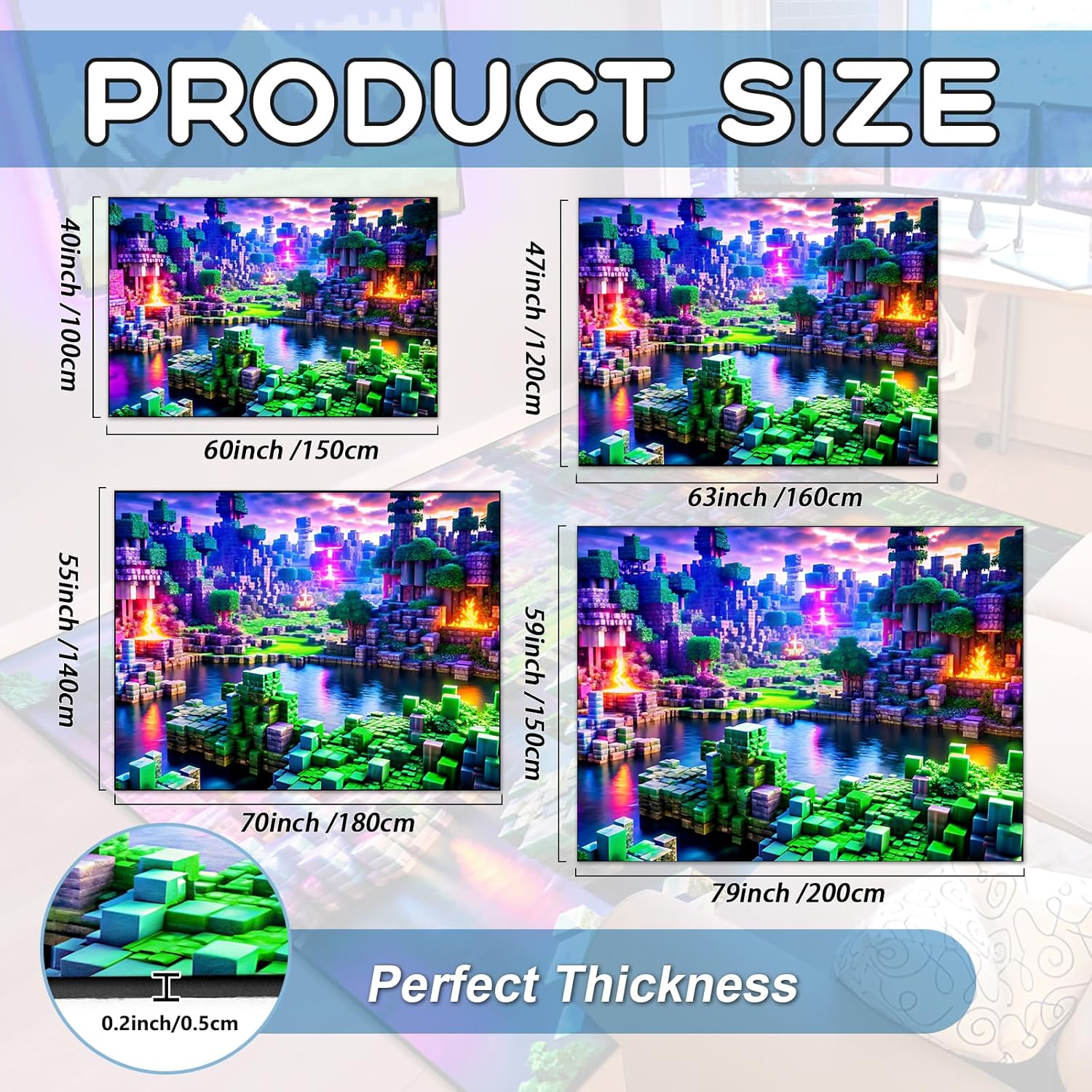 Block Game Rug Teen Kids Carpet, Pixel Games Scene Decoration Mat, Washable Cube Block Game Rugs for Boy’s Bedroom Living Room Playroom, Non-Slip Children Gaming Area Rugs (Purple Field, 60" x 40")