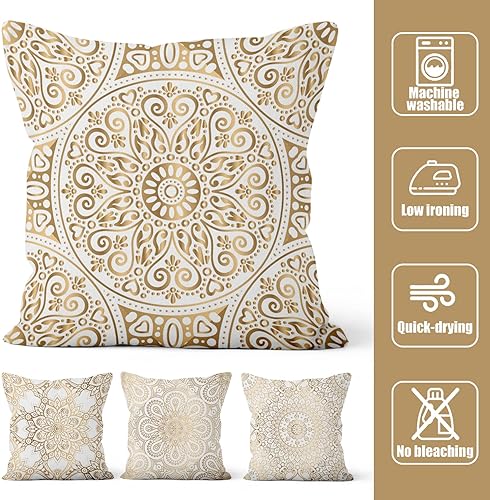 Miniatura 8 de Baocicco 4 fundas de almohada de lino con mandala doradas, 18 x 18 pulgadas, diseño de loto, redondo, multicírculo, retro, noble, cuadrada, de lujo,
