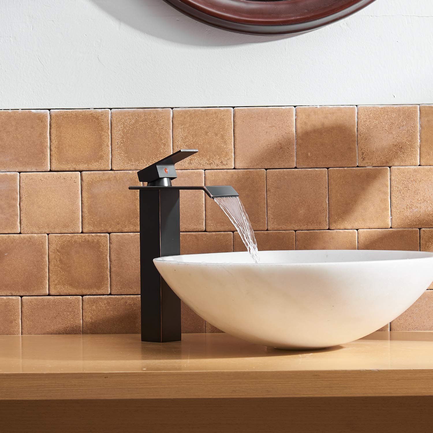 BWE Oil Rubbed Bronze Vessel Sink Faucet – Waterfall Mixer With Drain, One-Handle
