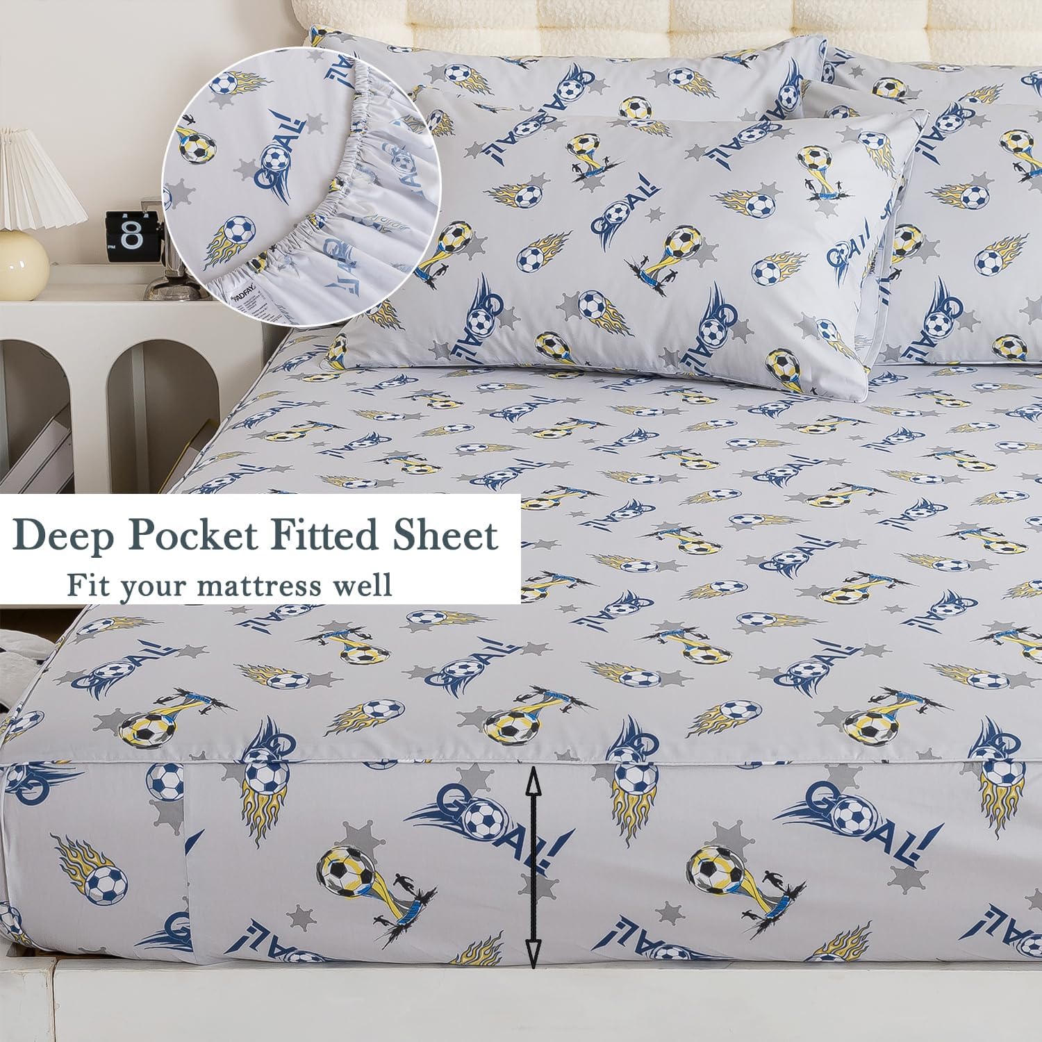 FADFAY Premium 100% Cotton Soccer Sheet Set Full – Ultra Soft Breathable Sports Bedding, Soccer Ball Print Bed Sheets for Teen Boys Bedroom, Deep Pocket Athletic Decor, 4 Piece Set