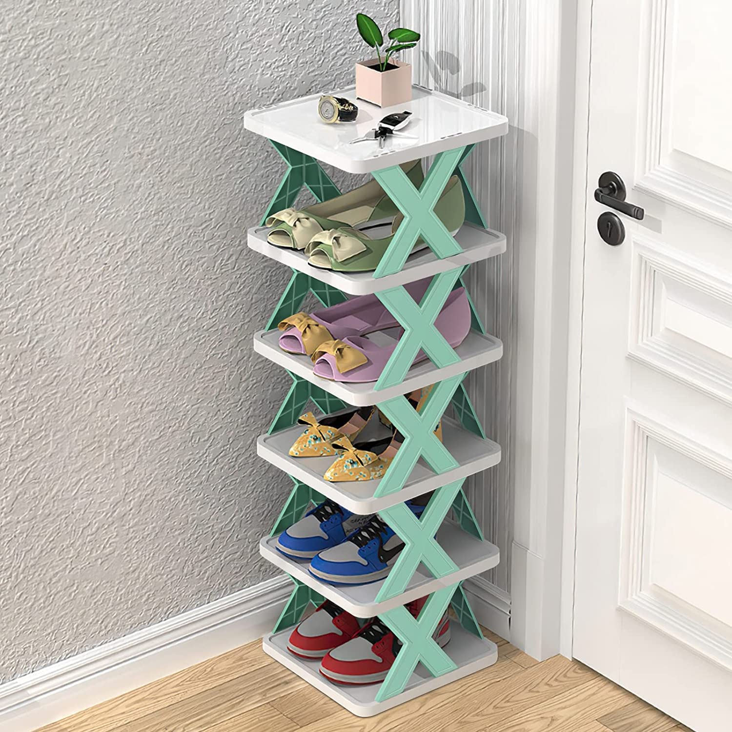 IDAHSOR 6 Tiers Vertical Shoe Tower, Narrow Corner Shoe Rack, Space Saving DIY Free Standing Shoes Storage Organizer for Small Entryway, Closet, Hallway, Stable & Easy Assembly, White & Green
