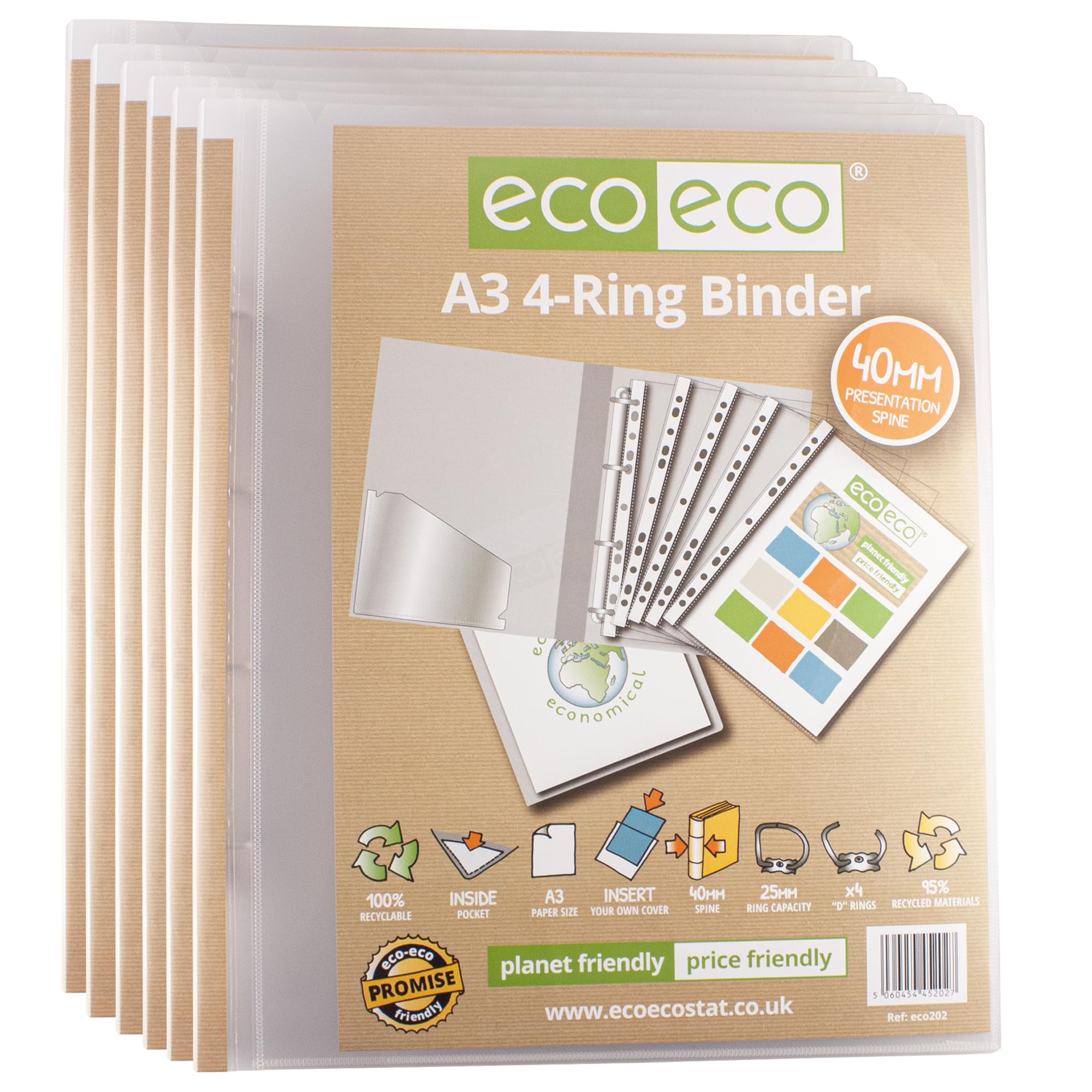 eco-eco A3 95% Recycled 4-D Portrait Clear Presentation Ring Binder File Folder, 40mm Spine, Artwork Portfolio, Pack of 6 Folders, eco202x6