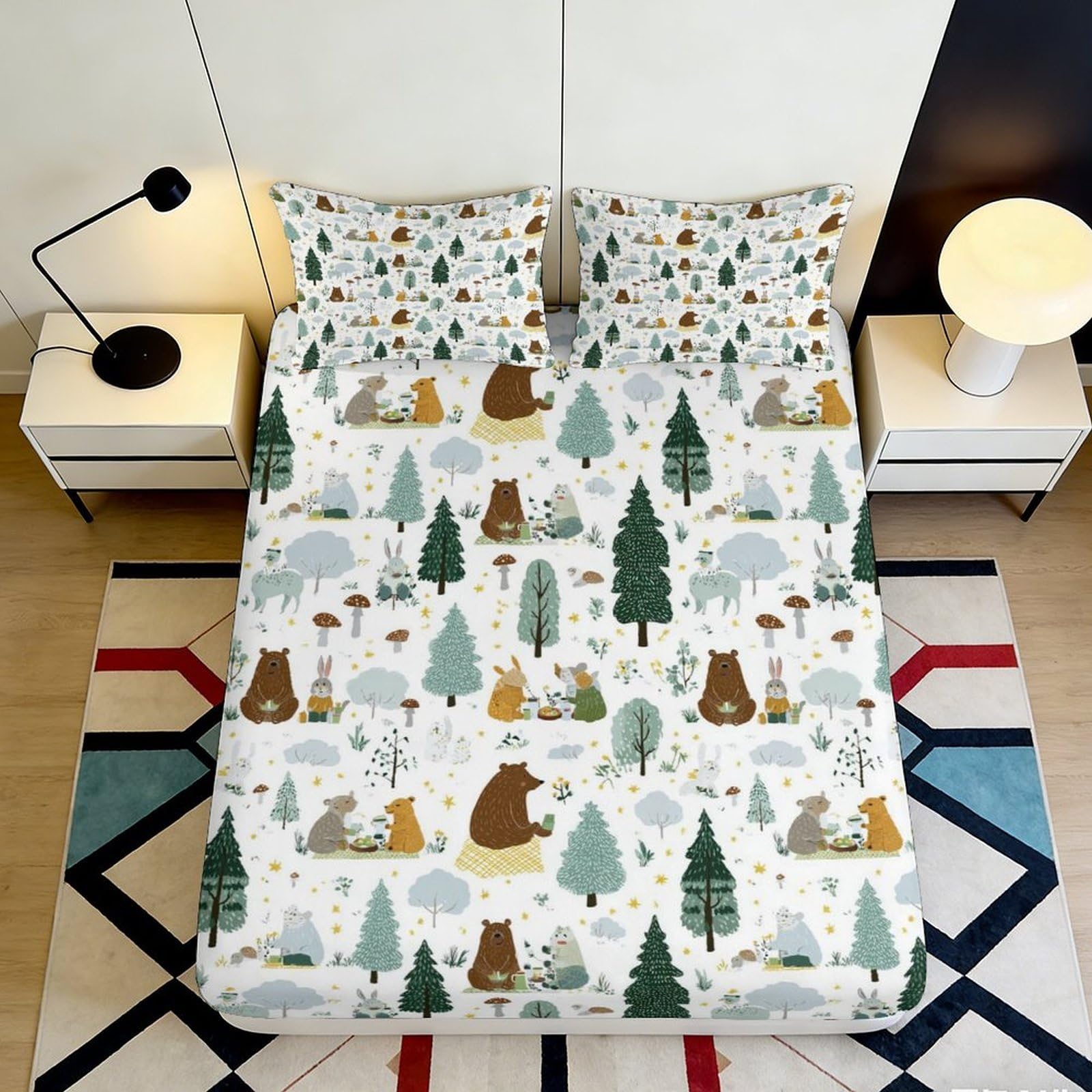 3D Printed Forest Bear Fitted Sheet Microfiber Soft Breathable Woodland Animal Mattress Cover for Bedroom Guest Room 90x200x25cm