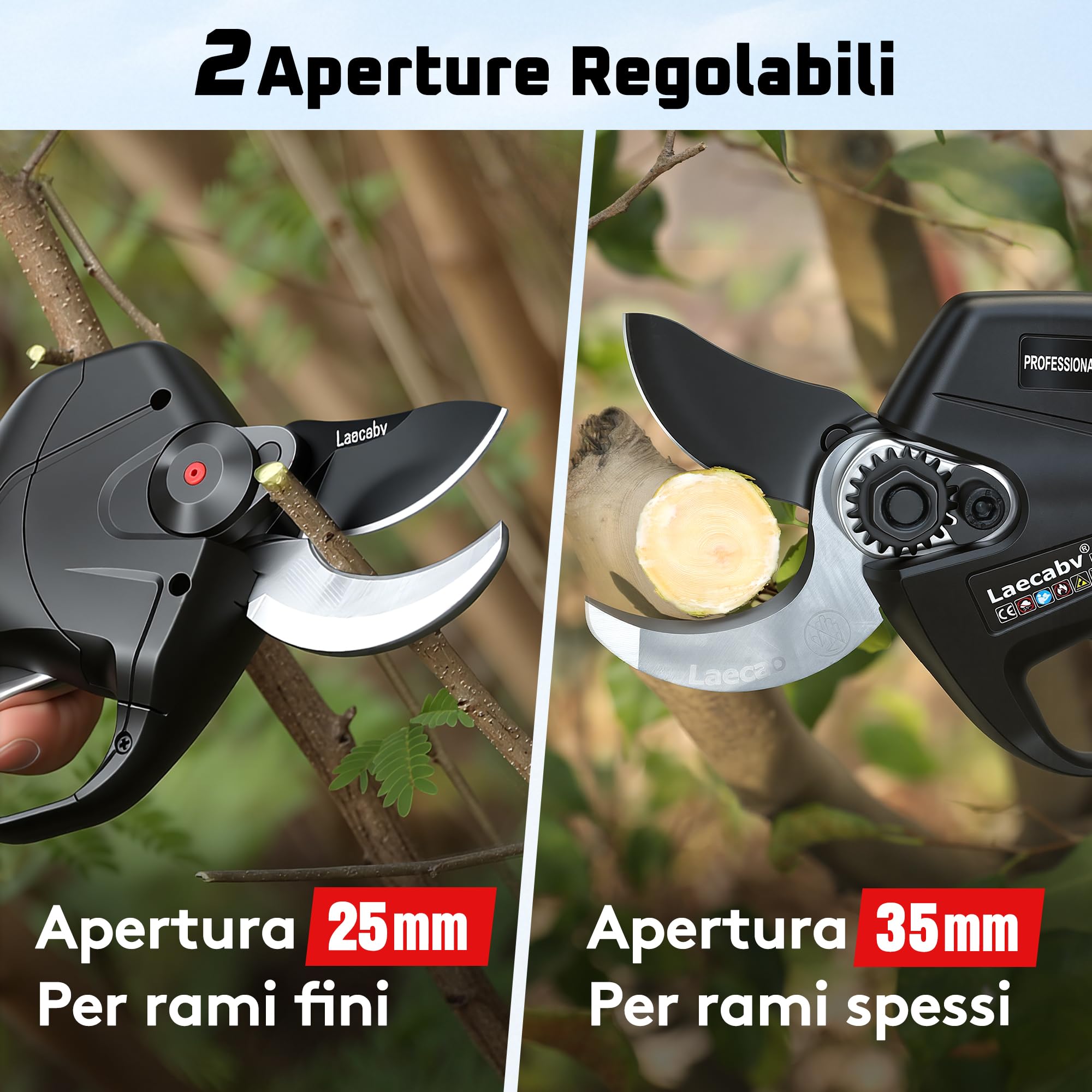 Laecabv 35mm Forbici Potatura a Batteria, Cesoia Elettrica Professionali, 2 Batterie 4Ah, Protezione Anti-Taglio, Taglio Progressivo, Cesoie Olivo Vigneto, Compatibile LA-E05