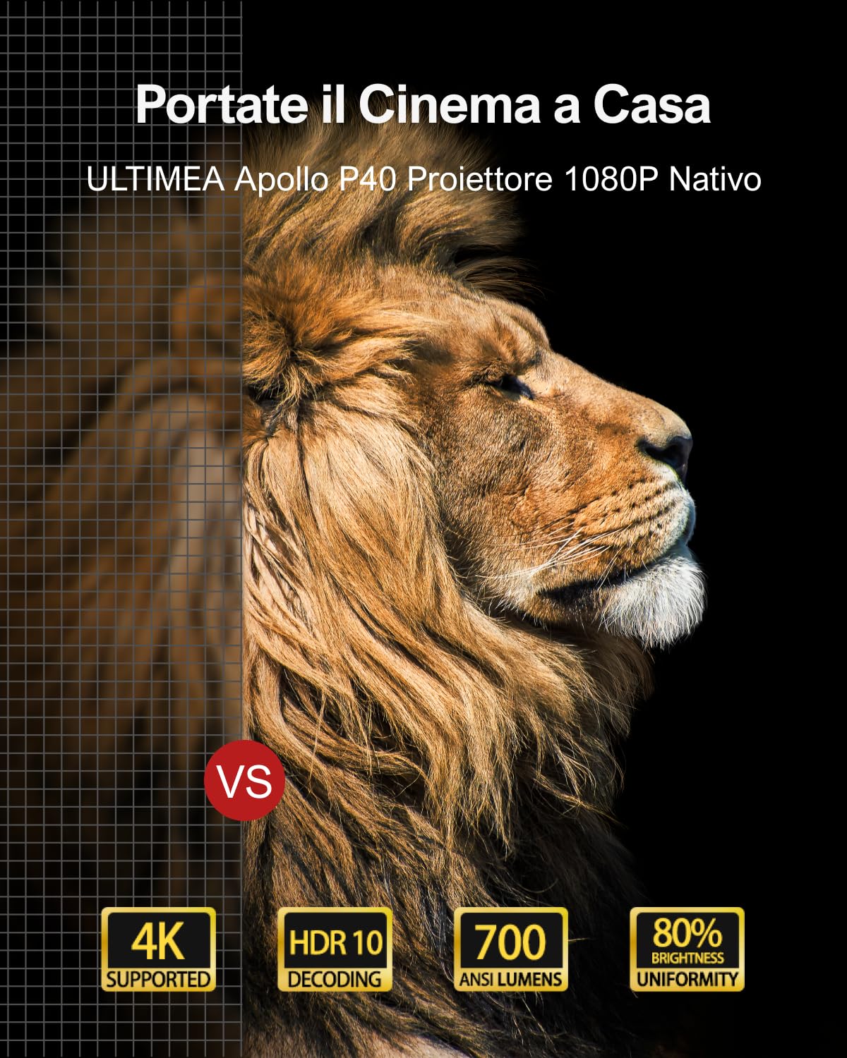 ULTIMEA Proiettore 4K Supporta Nativo 1080P, Auto Focus & Keystone 700 ANSI 21000Lumens Smart Videoproiettore, Bluetooth 5.2 WiFi HDR10, Home Cinema Projector per HDMI/iOS/Android/TV Stick, Apollo P40