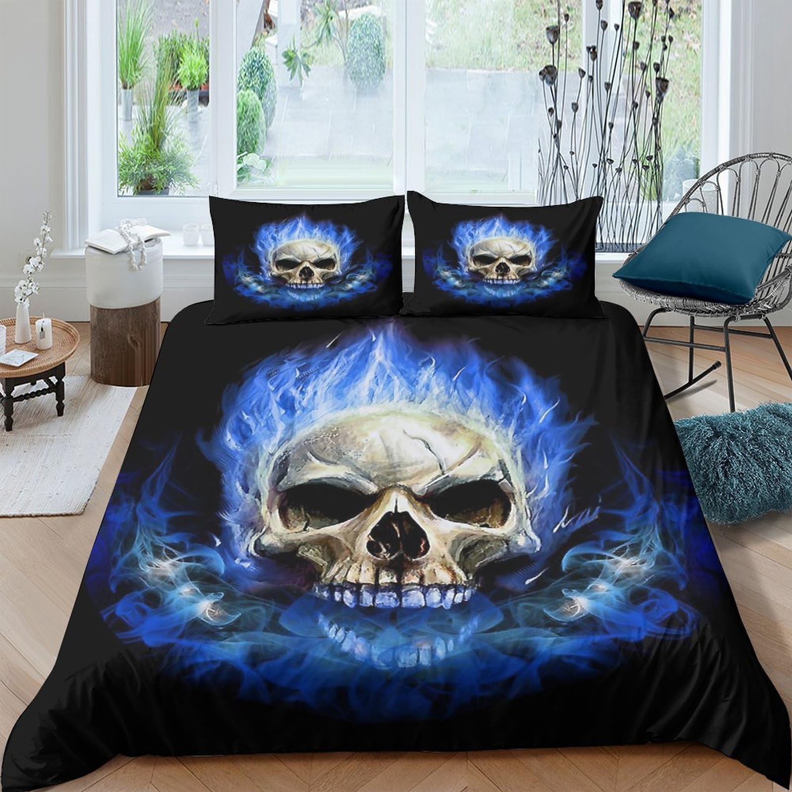P5V6M1Q9 3D Printed Blue Flame Skull Duvet Cover Microfiber Soft Breathable Gothic Bedding Set with 2 Pillowcases for Bedroom Decor Single（135x200cm）