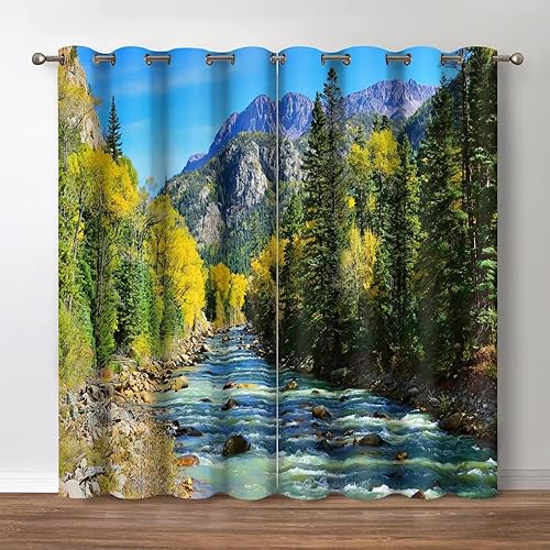 Jekeno Cortinas opacas con diseño de árbol del bosque, decoración de arroyos de nieve de montañas suizas, cielo azul claro, con ojales, para