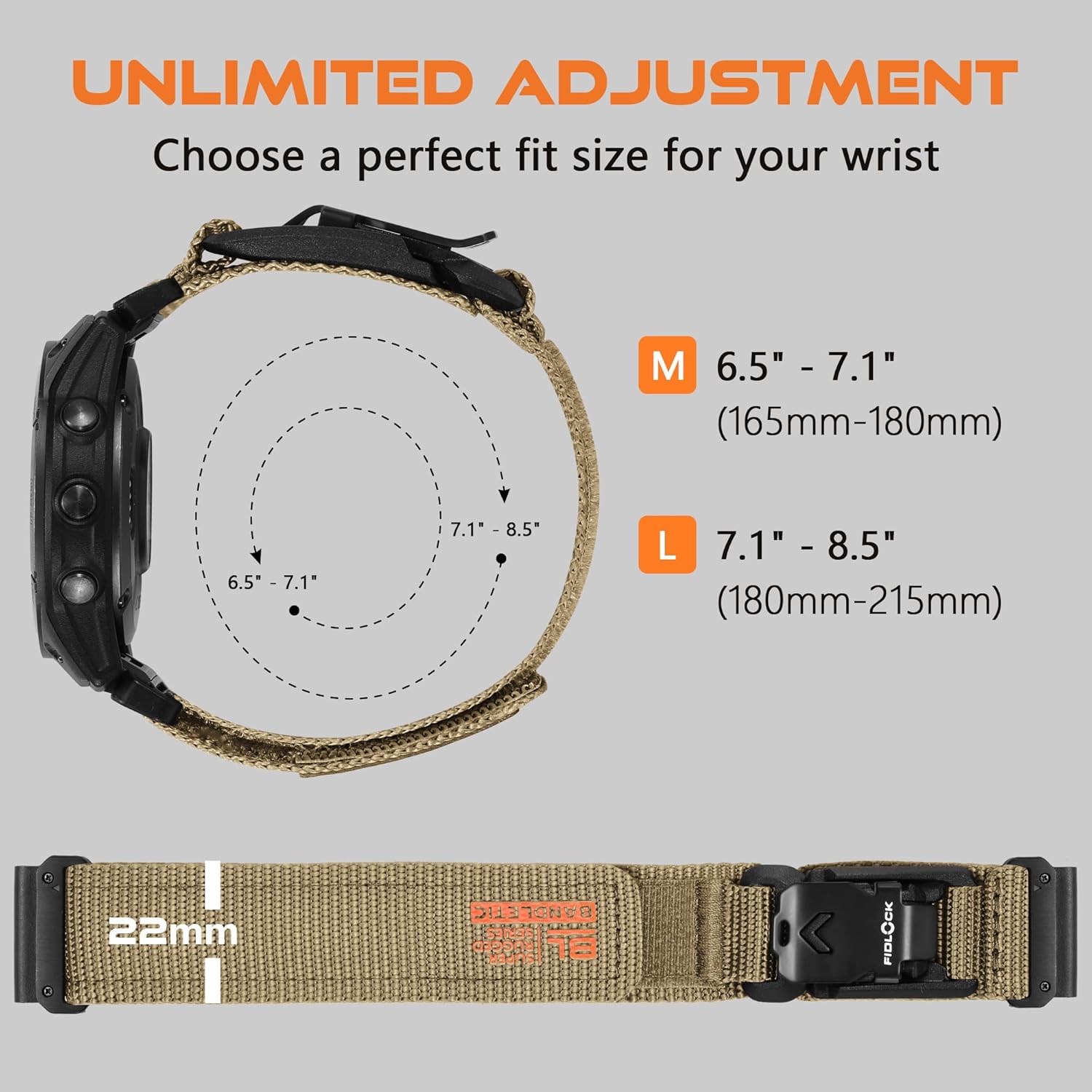 Bandletic Compatible with Garmin Instinct Watch Bands, 20mm Quick Fit Rugged Nylon Strap with Magnetic Fidlock V-Buckle for Fenix 8 43mm/7S Pro/6S/5S Plus/Instinct 2s E 40mm/Epix 2 Pro 42mm, M-Khaki - Image 6