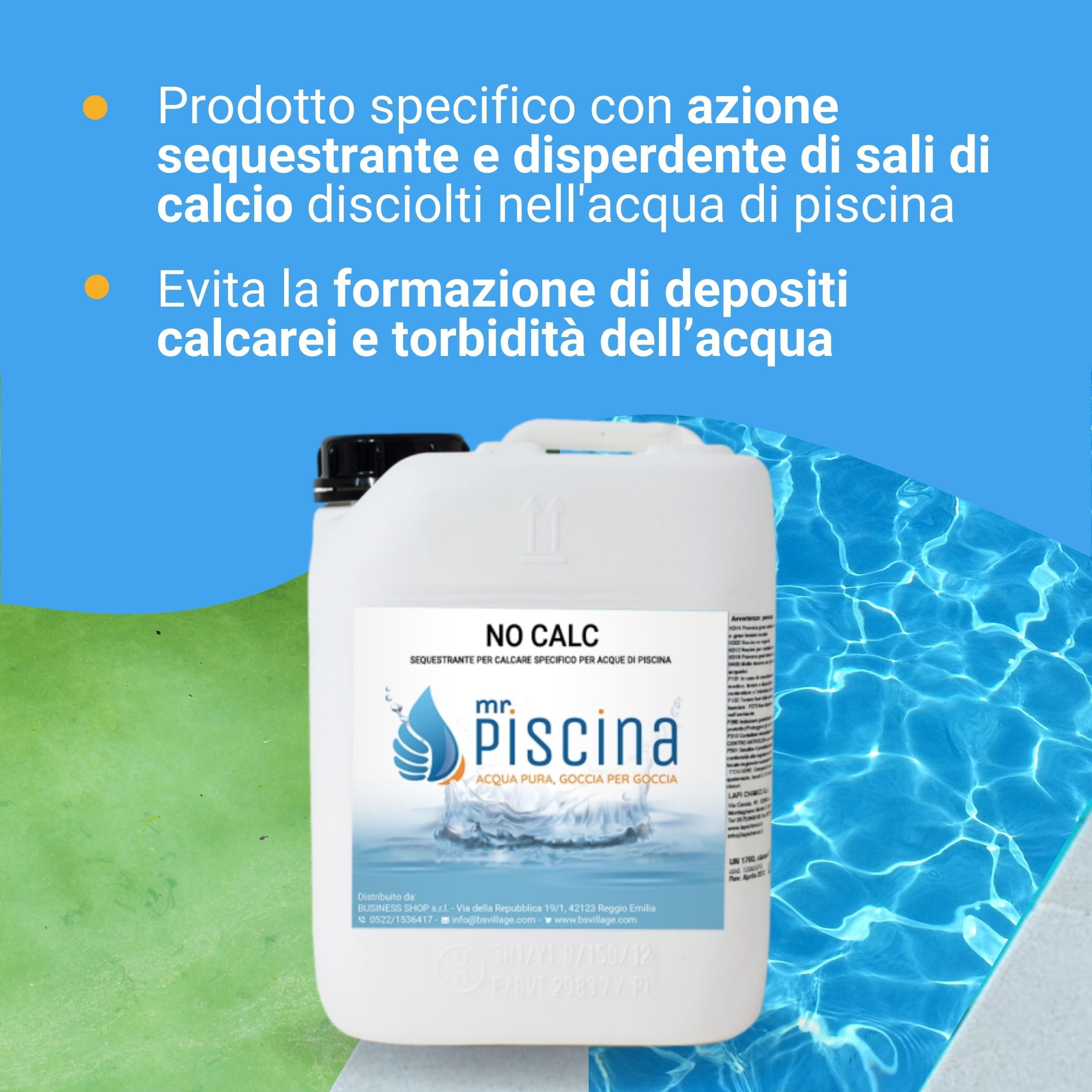 NO CALC Sequestrante di Calcare Liquido, Anticalcare Professionale per Piscina, Previene Depositi su Pareti e Filtri, Azione Disperdente ad Alta Resistenza, 5 kg