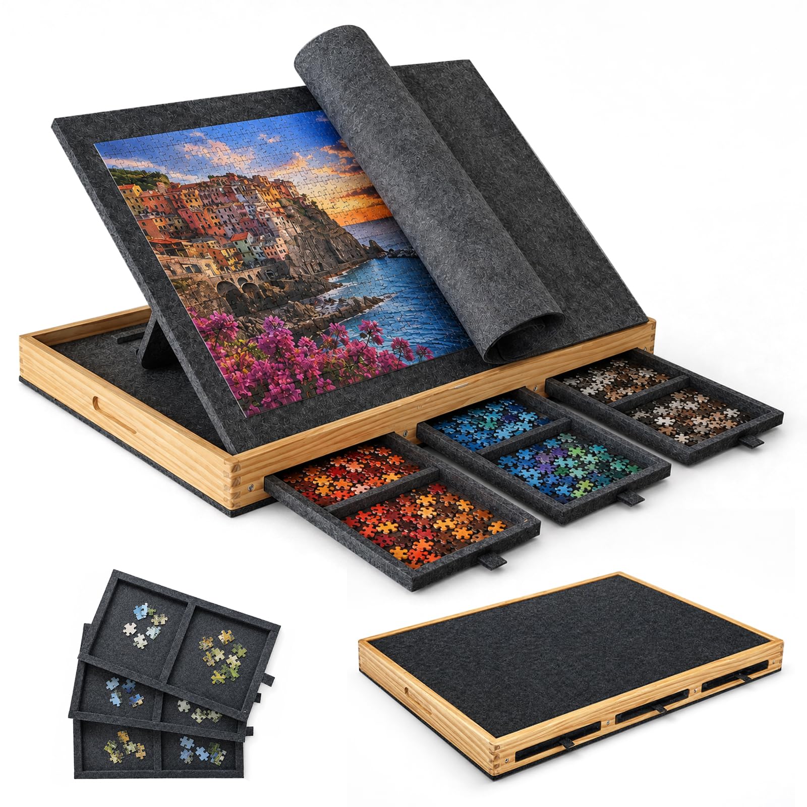 Puzzle portatile in legno e feltro, 1000 pezzi, con 3 cassetti (nero) | Tavolo puzzle con copertura protettiva in feltro, puzzle con 3 angoli di inclinazione, il regalo perfetto per adulti