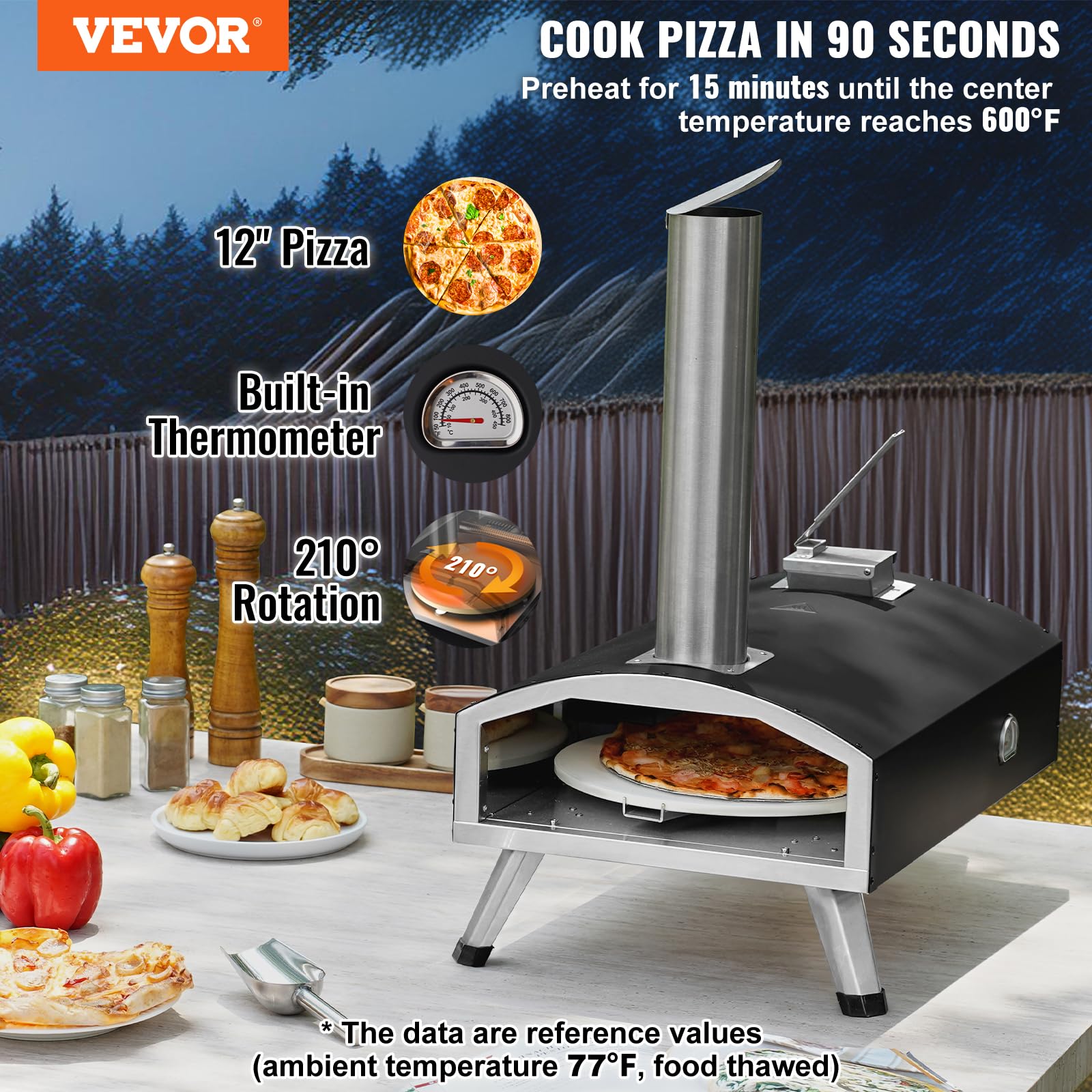 VEVOR Four à Pizza d’Extérieur 12 pouces, Four à Bois Portable Tri-Combustible, avec Pierre Rotative 210° et Pelle, pour Camping Jardin