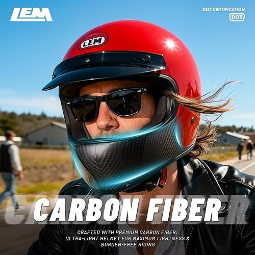 Miniatura 8 de Casco de motocicleta retro LEM de fibra de carbono, casco integral DOT para hombres, modelos Harley, crucero, casco de motocicleta vintage, visera