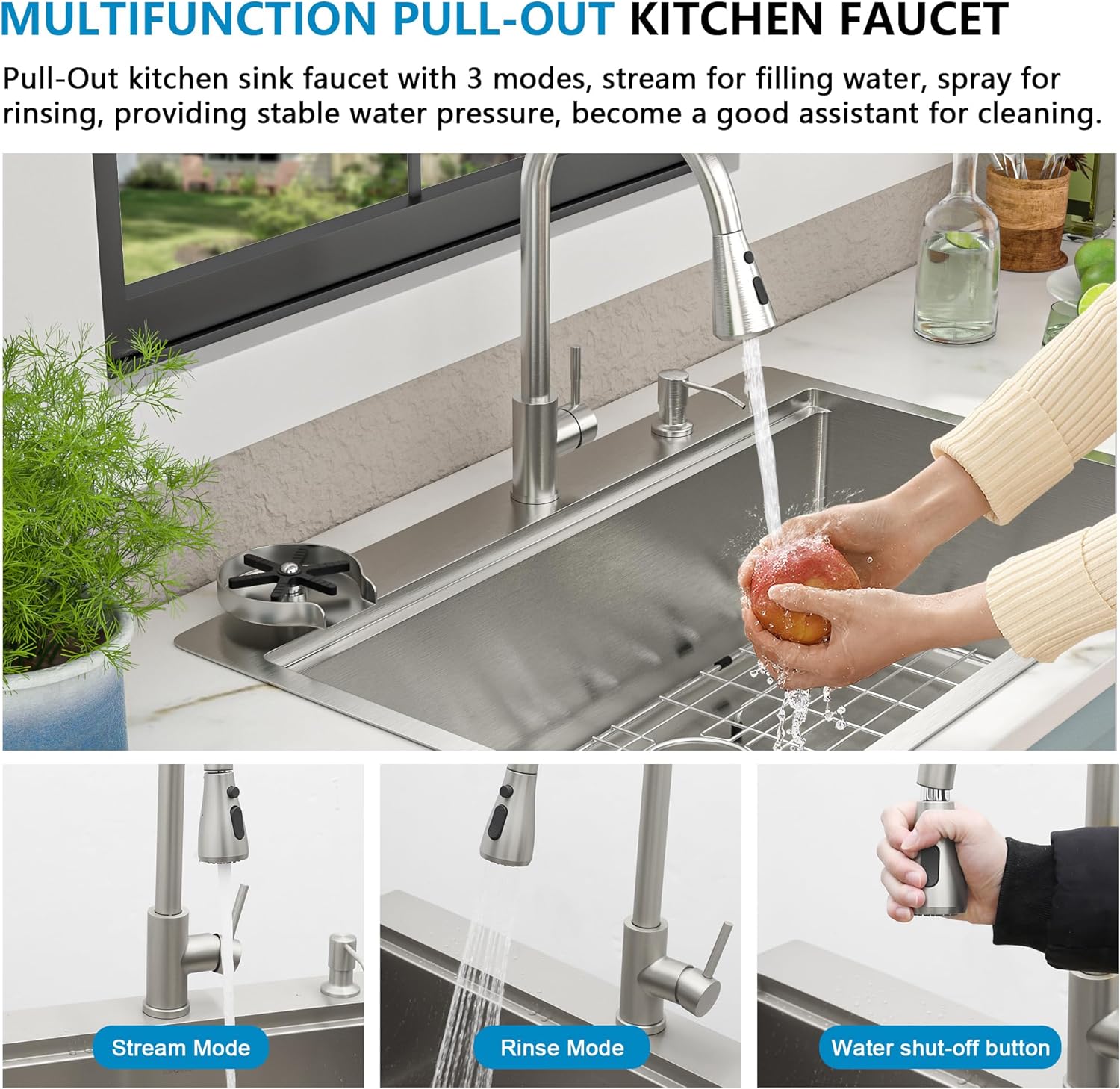 33"x22" Drop In Kitchen Sink Ledge Workstation – 16 Gauge 304 Stainless Steel, Single Bowl Overmount Top Mount Sink Basin with Faucet Combo & Glass Rinser