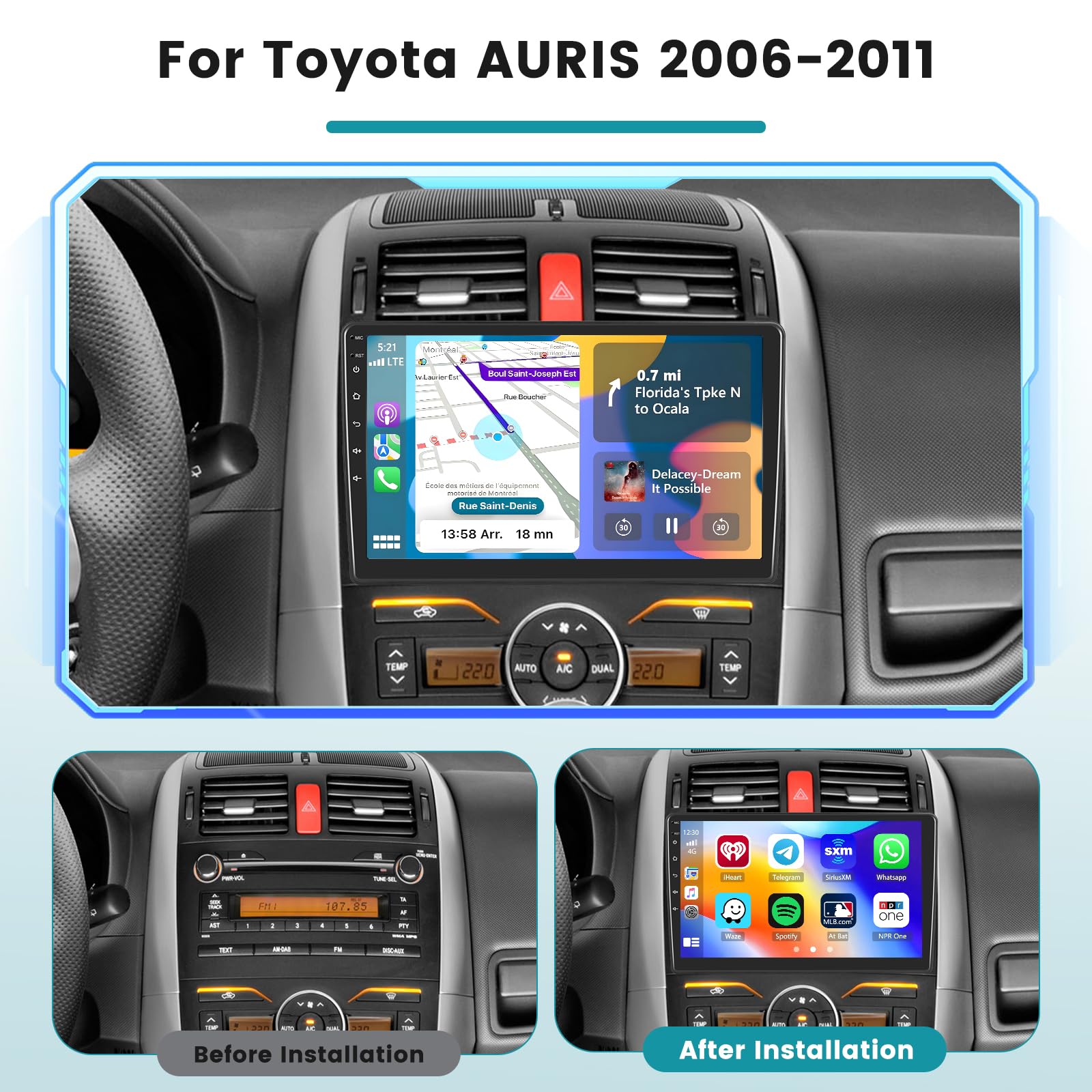 Hikity 2G+64G Radio Navi Für Toyota Auris 2006-2011 Mit Wireless CarPlay Android Auto, 10.1 Zoll Touchscreen Radio Android mit Mirror Link GPS WiFi Bluetooth FM RDS EQ SWC Rückfahrkamera