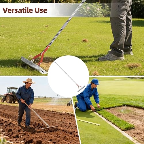 Miniatura 5 de Rastrillo de paja para césped de 15 pulgadas, rastrillo de paja robusto con asa, eficiente rastrillo de acero de metal versátil para limpiar césped