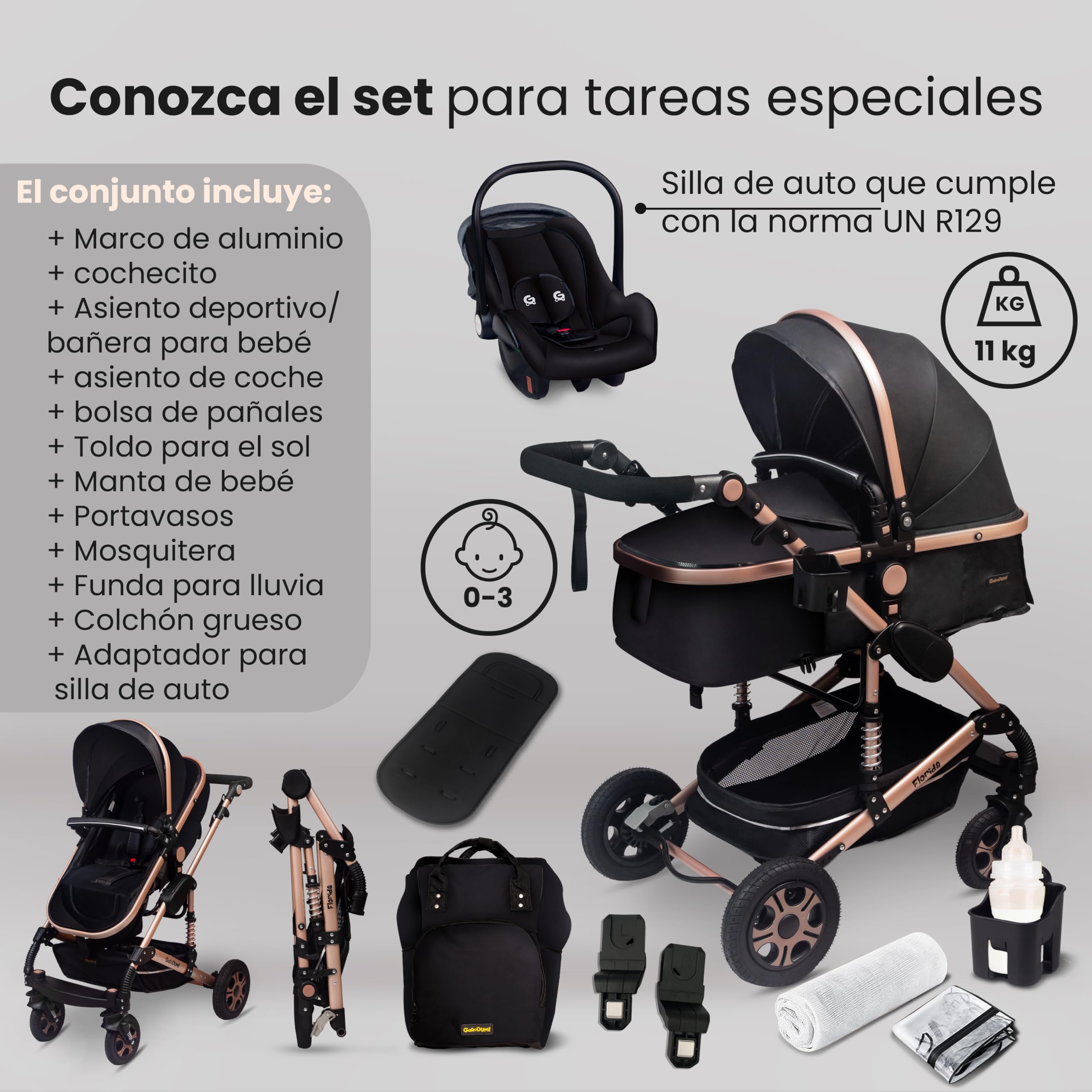 GaGaGaDumi Florida 3 en 1 cochecito completo con asiento de coche - Baby Stroller 3 en 1 TÜV - Cochecito combinado 3 en 1 juego completo de neumáticos completos, bolsa de pañales, Negro/negro