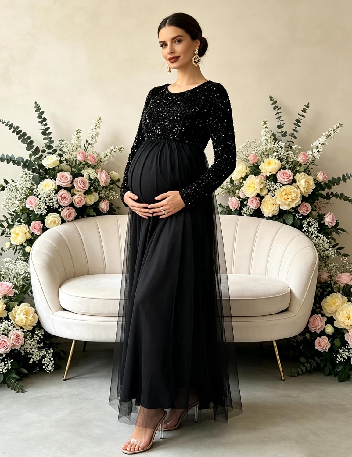 Sequin Long Sleeve Maternity Gown Flowy Tulle Maxi Dress