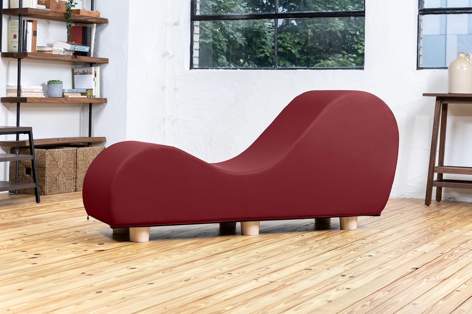 Avana Chaise Lounge Chair for Stretching and Relaxation, Hevea Wood Feet, Faux Leather - Claret Red