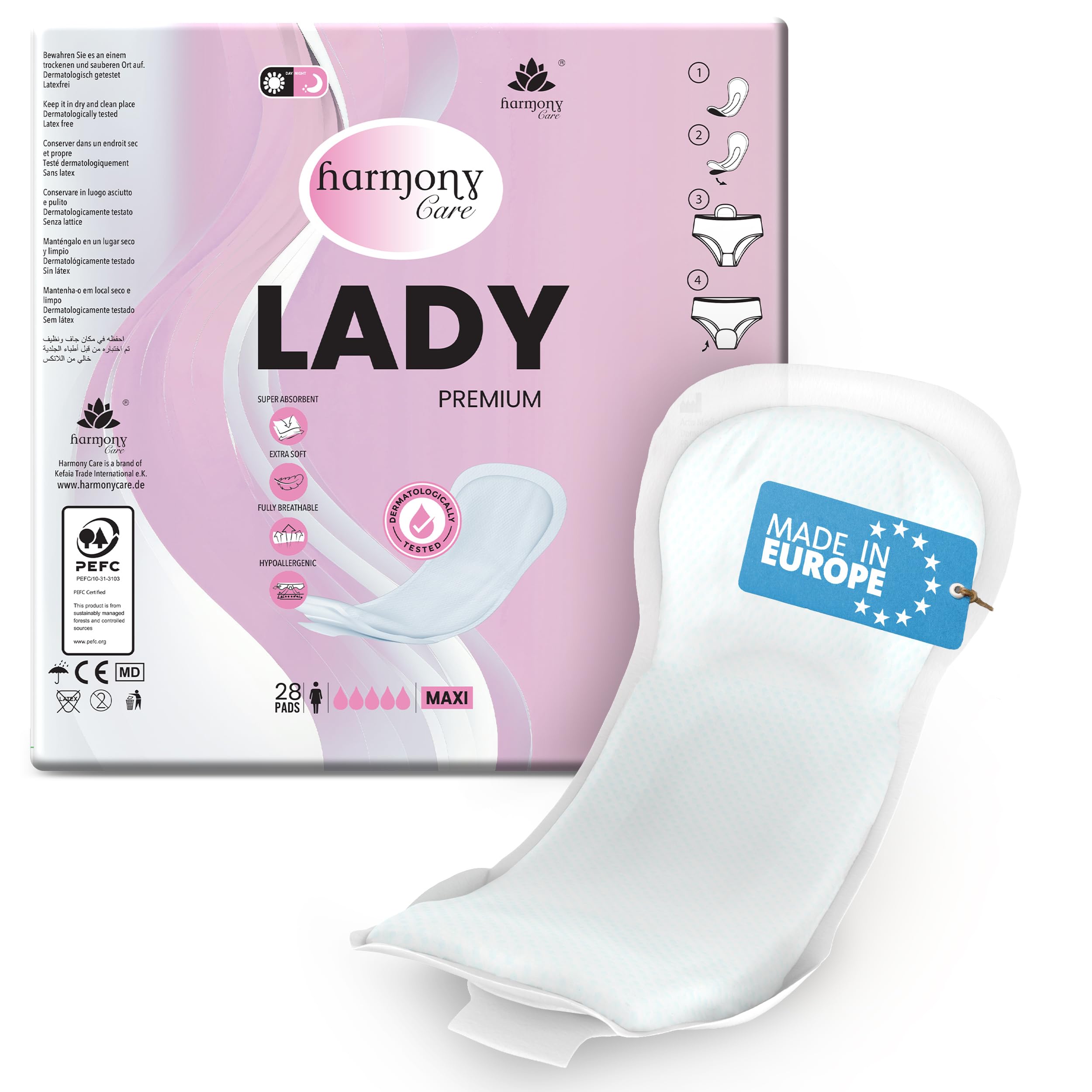 Harmony Care® Lady MAXI Inkontinenzeinlagen für Damen extra stark – saugstarke Inkontinenz Einlagen bei mittlere bis starker Blasenschwäche - auslaufsichere Hygieneeinlagen für die Nacht, 28 Stück
