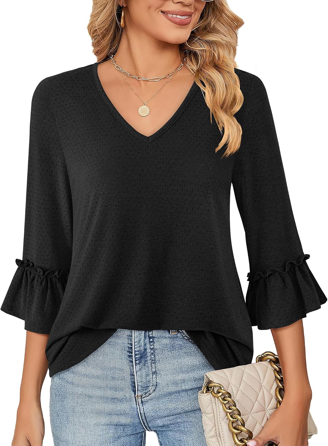 Messic Blouses for Women Dressy Casual 3/4 Length Bell Sleeve Tops V Neck T Shirts Tunic