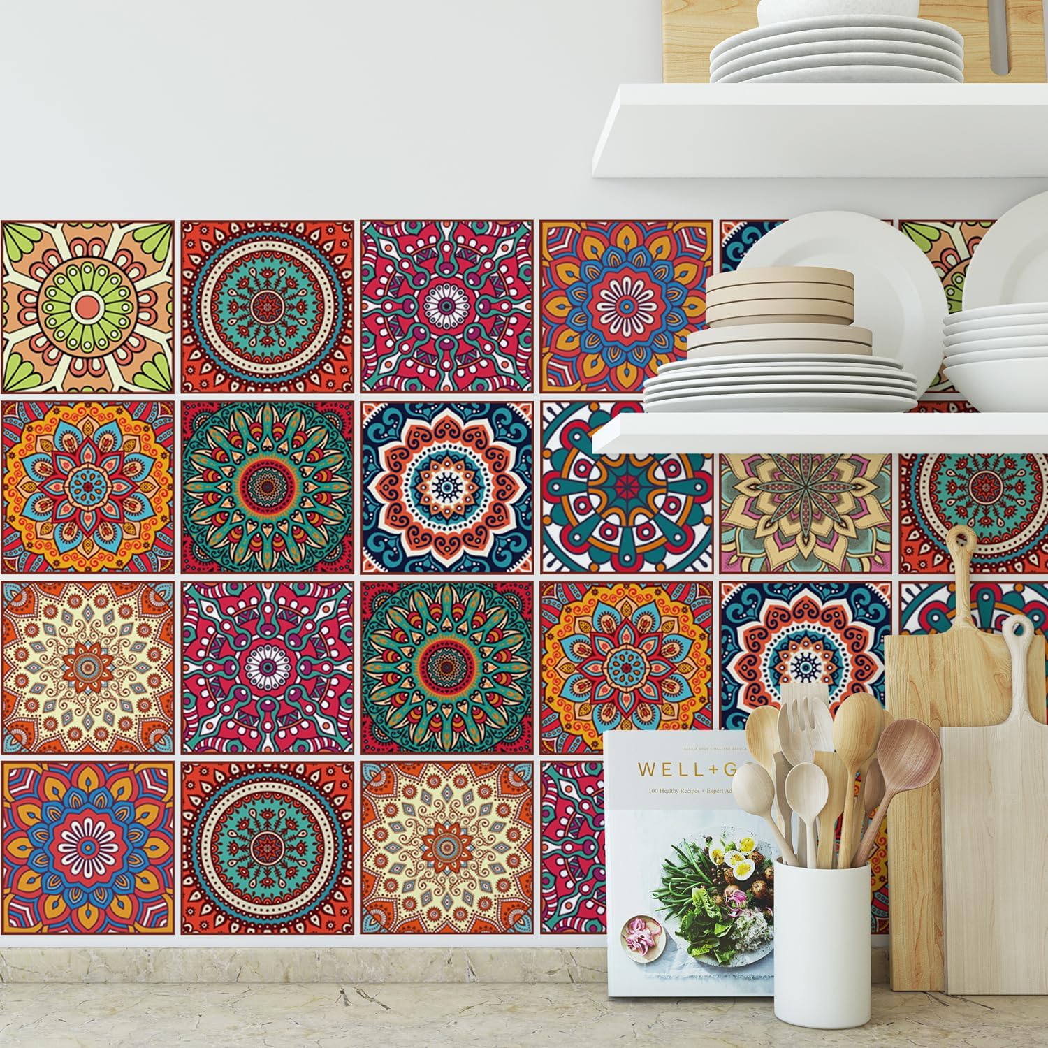 Bohemian Mandala Peel and Stick Tile Stickers 30 Pack – Self-Adhesive Removable Waterproof Vinyl Decals for Kitchen Backsplash, Bathroom, Staircase 4x4 Inch