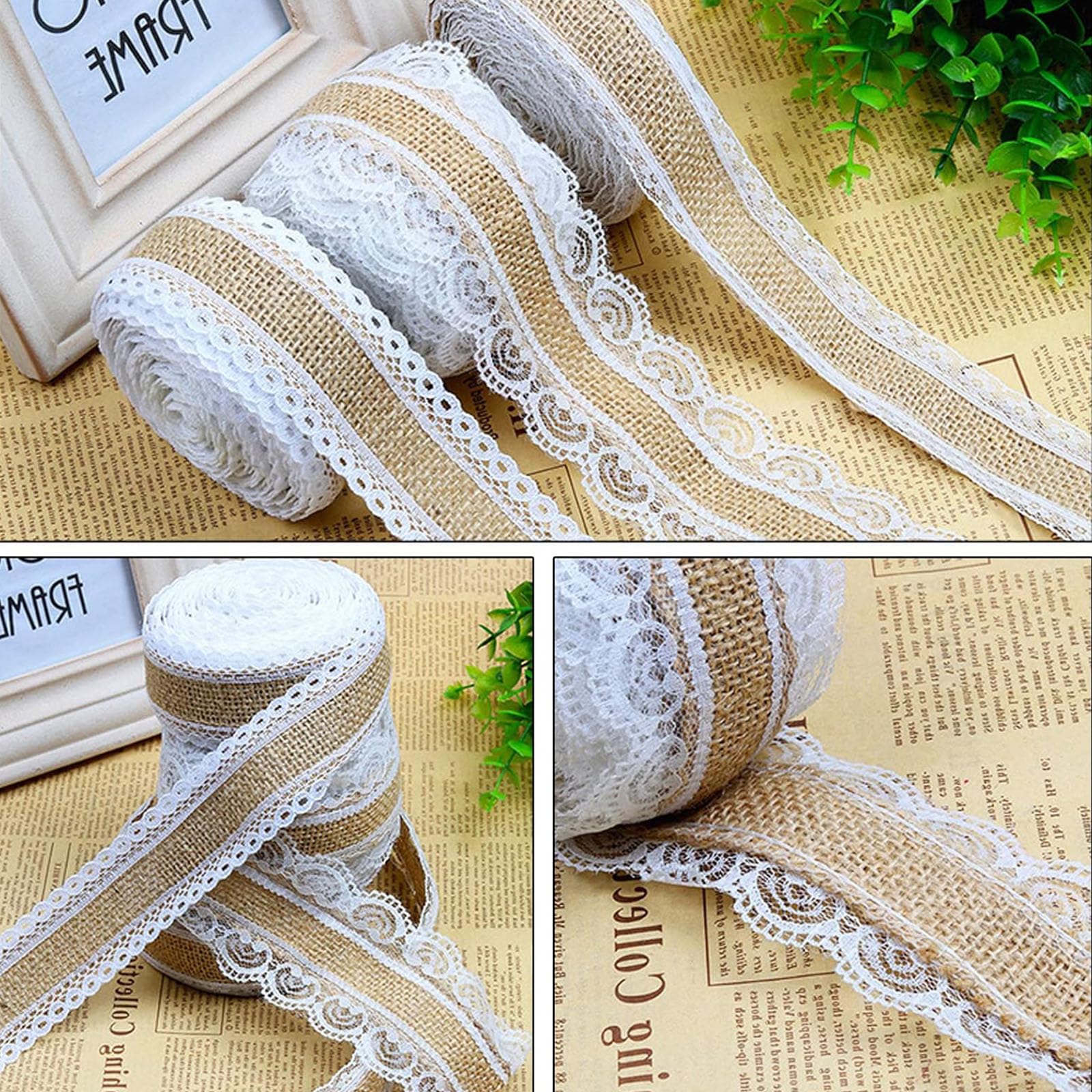 Nastro Decorativo Matrimonio Nastro Di Iuta Con Pizzo - 3 Rotoli Per Decorazioni Matrimonio E Fai-da-te | Tessuto Naturale Nastro Naturale Artigianato