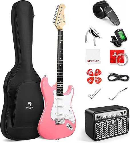 Vangoa Guitarra eléctrica, guitarra eléctrica rosa de tamaño completo, kit de inicio para principiantes, cuerpo sólido de 39 pulgadas con