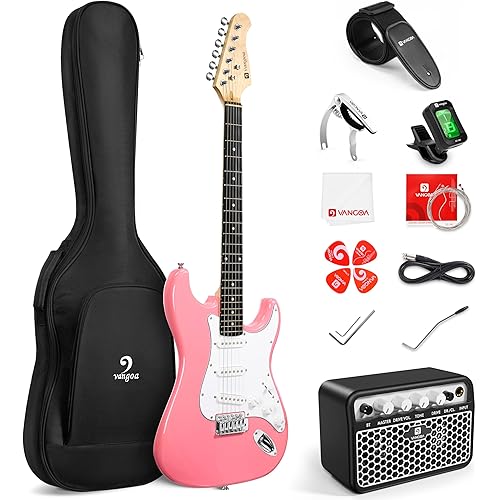 Vangoa 39 Inch Full Size Electric Guitar Beginner Kit Solid Body SSS Pickups with Amp, Bag, Tremolo Bar, Strings, Tuner, Picks, Strap, Capo, Cable for Starter Girls Adults Teens, Petal Pink