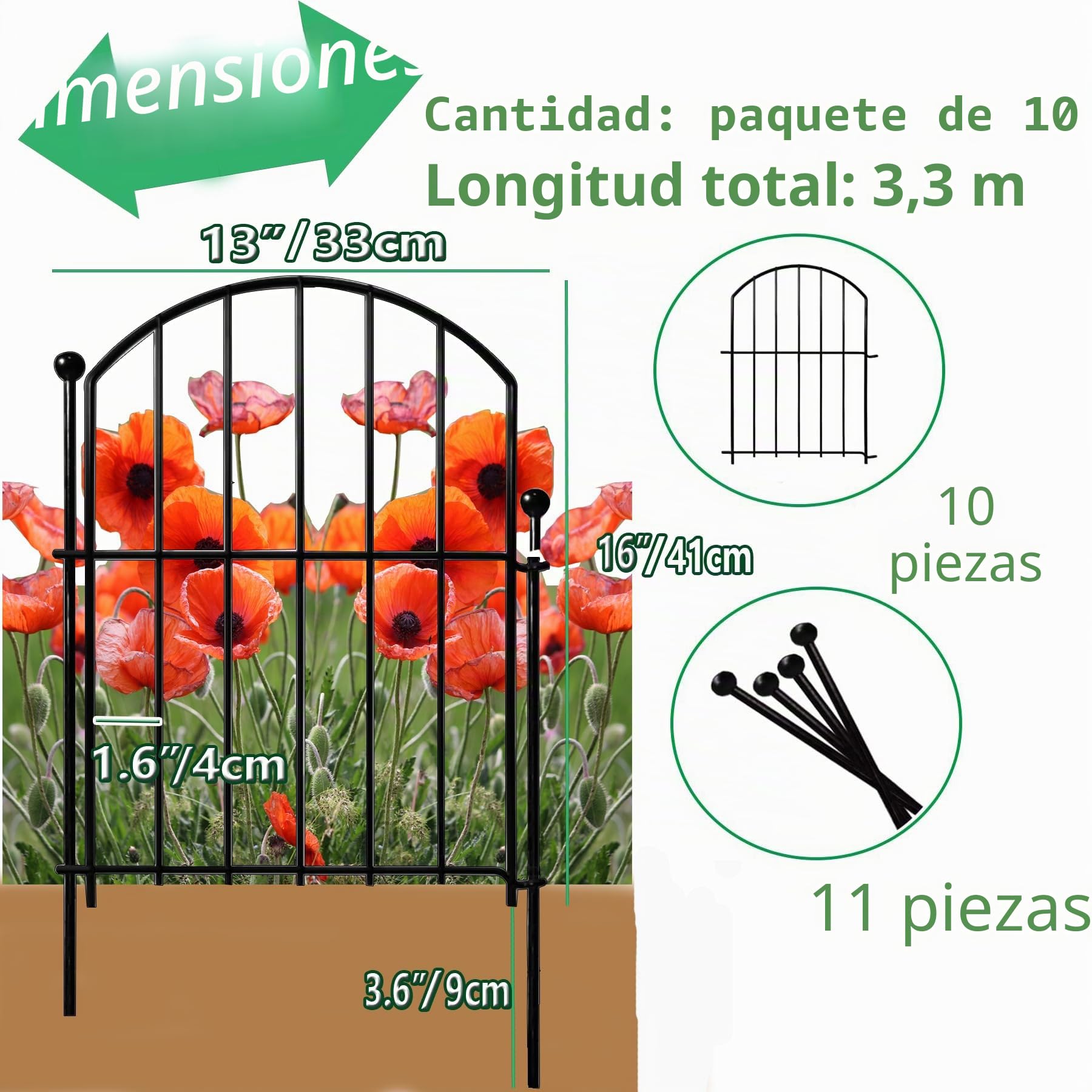 ANAMPION Valla de jardín, total 330cm largo x 43cm alto,10 PCS | Elementos de valla metal,11 barras de fijación,Valla Decorativa de Jardín,para barrera animales,Exteriores,Flores(Arco）