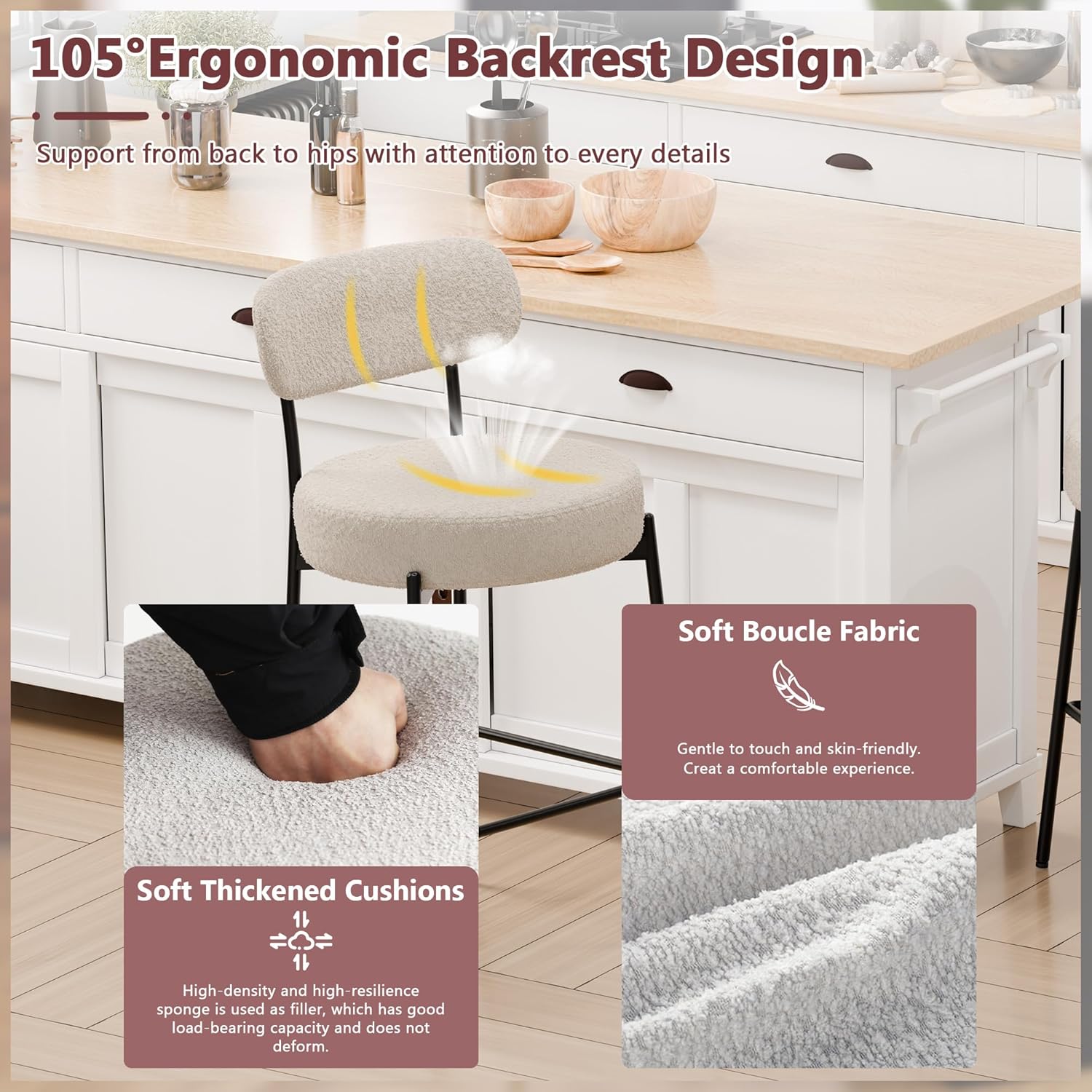 Bar Stools Set of 3, 27 Inches Counter Height Bar Stools with Back, Modern Upholstered Boucle Barstools for Kitchen Island, with Metal Leg and Cushion, Grey