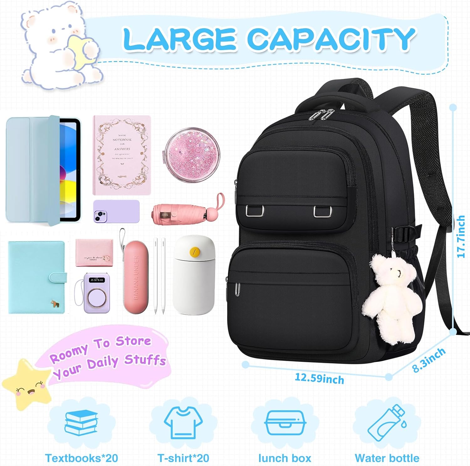 School Backpack for Kids Girls Cute Travel Backapck for College Women Men Casual Laptop Bookbag for Teen Student(Black) - Image 3