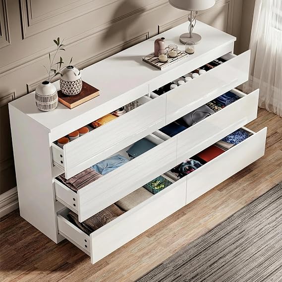 Blisswood White High Gloss Chest of Drawers 6 Drawer Bedroom Storage Cabinet with Metal Runners, Chest for Clothes Storage, Modern Living Room Hallway Nursery Office Furniture 40D x 120W x 77H CM